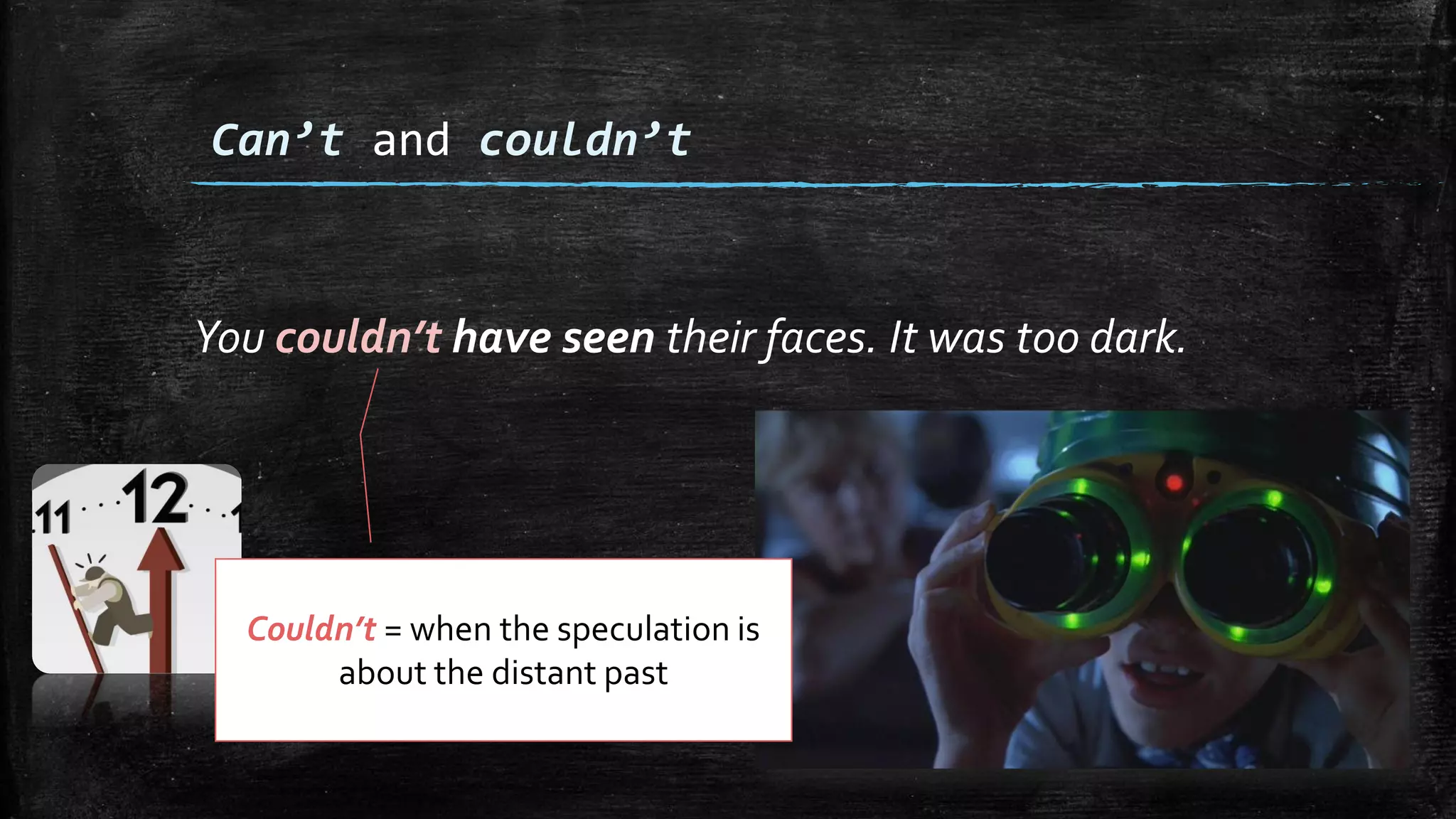 You couldn’t have seen their faces. It was too dark.
Can’t and couldn’t
Couldn’t = when the speculation is
about the distant past
 