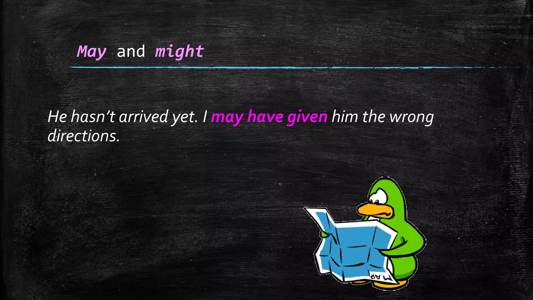 He hasn’t arrived yet. I may have given him the wrong
directions.
May and might
 