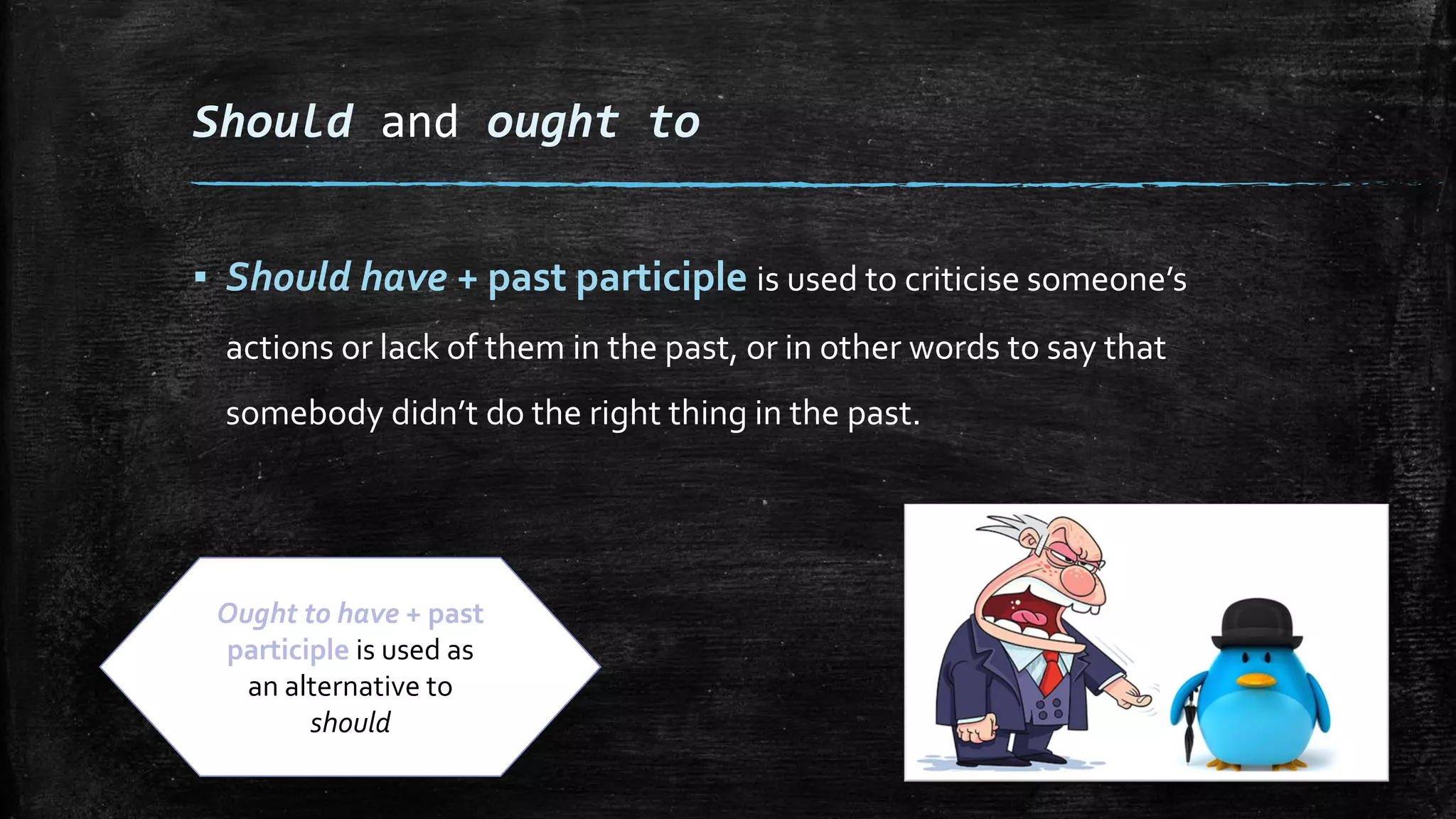 Should and ought to
▪ Should have + past participle is used to criticise someone’s
actions or lack of them in the past, or in other words to say that
somebody didn’t do the right thing in the past.
Ought to have + past
participle is used as
an alternative to
should
 
