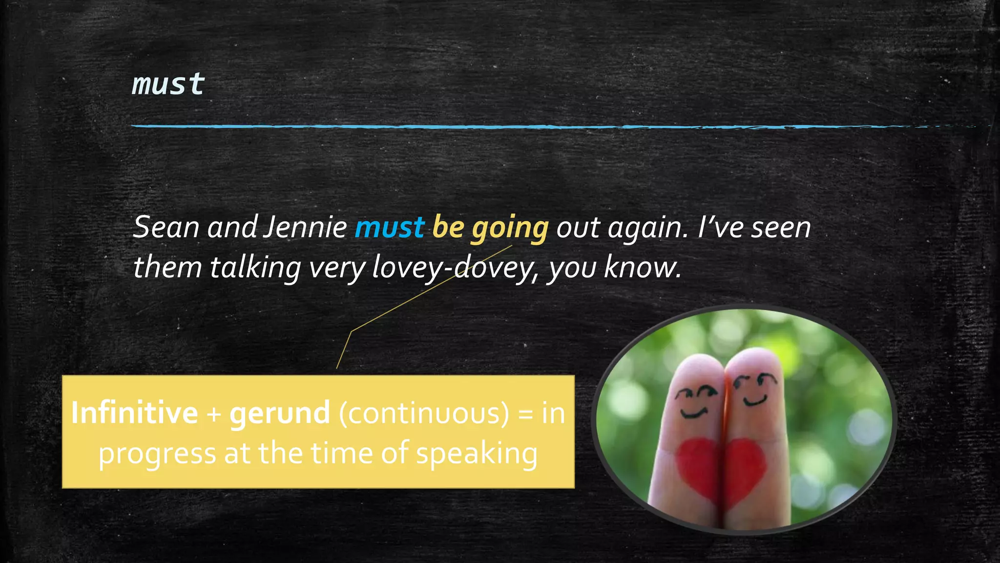 Infinitive + gerund (continuous) = in
progress at the time of speaking
must
Sean and Jennie must be going out again. I’ve seen
them talking very lovey-dovey, you know.
 