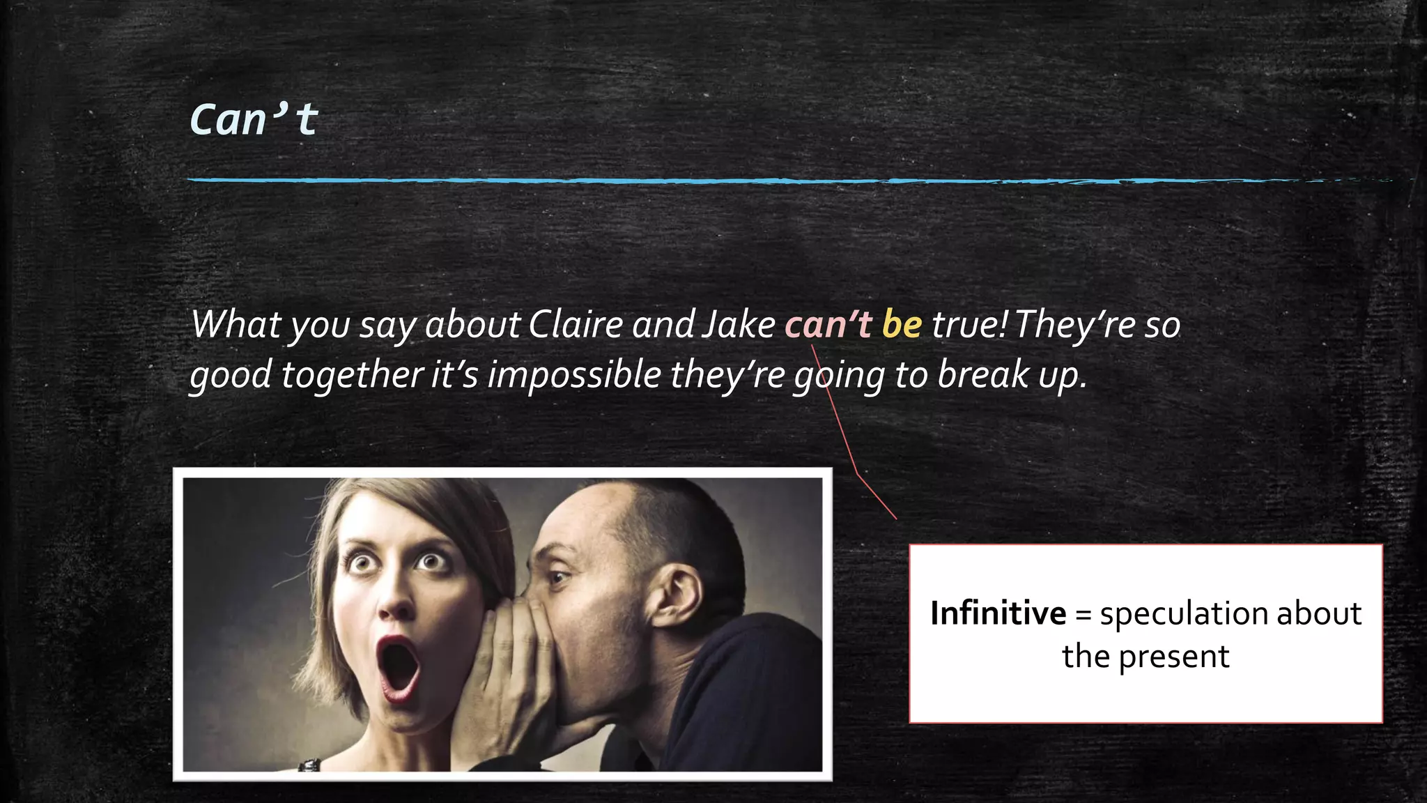 Infinitive = speculation about
the present
Can’t
What you say about Claire and Jake can’t be true!They’re so
good together it’s impossible they’re going to break up.
 