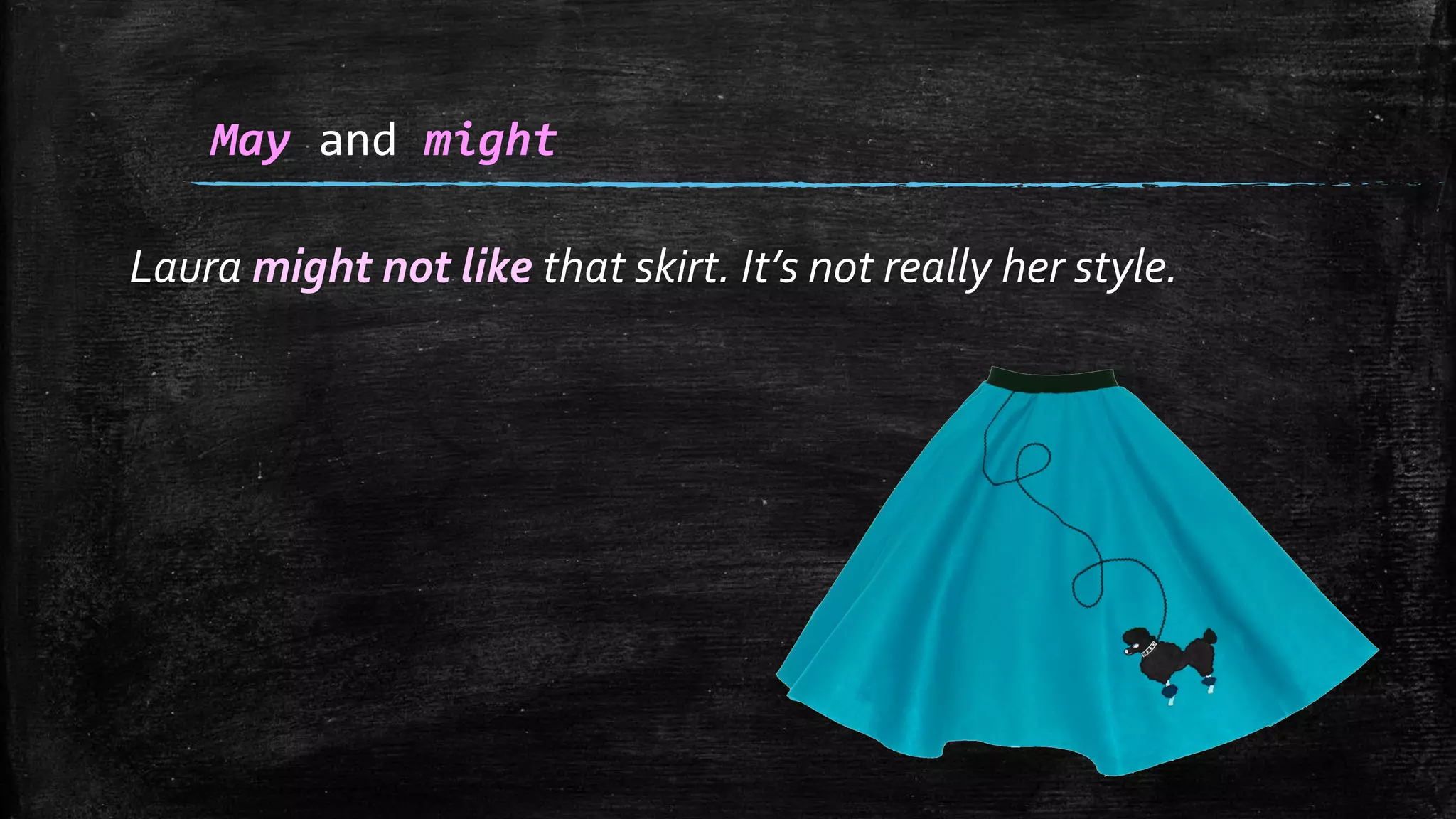Laura might not like that skirt. It’s not really her style.
May and might
 