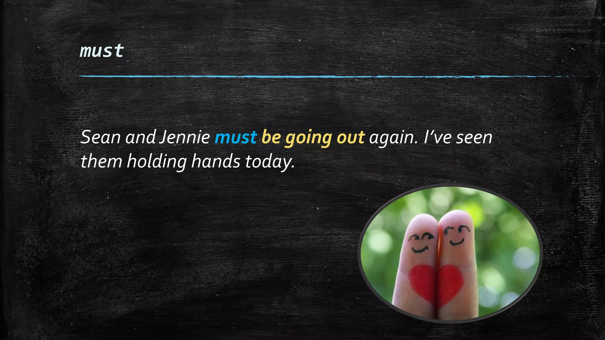 must
Sean and Jennie must be going out again. I’ve seen
them holding hands today.
 