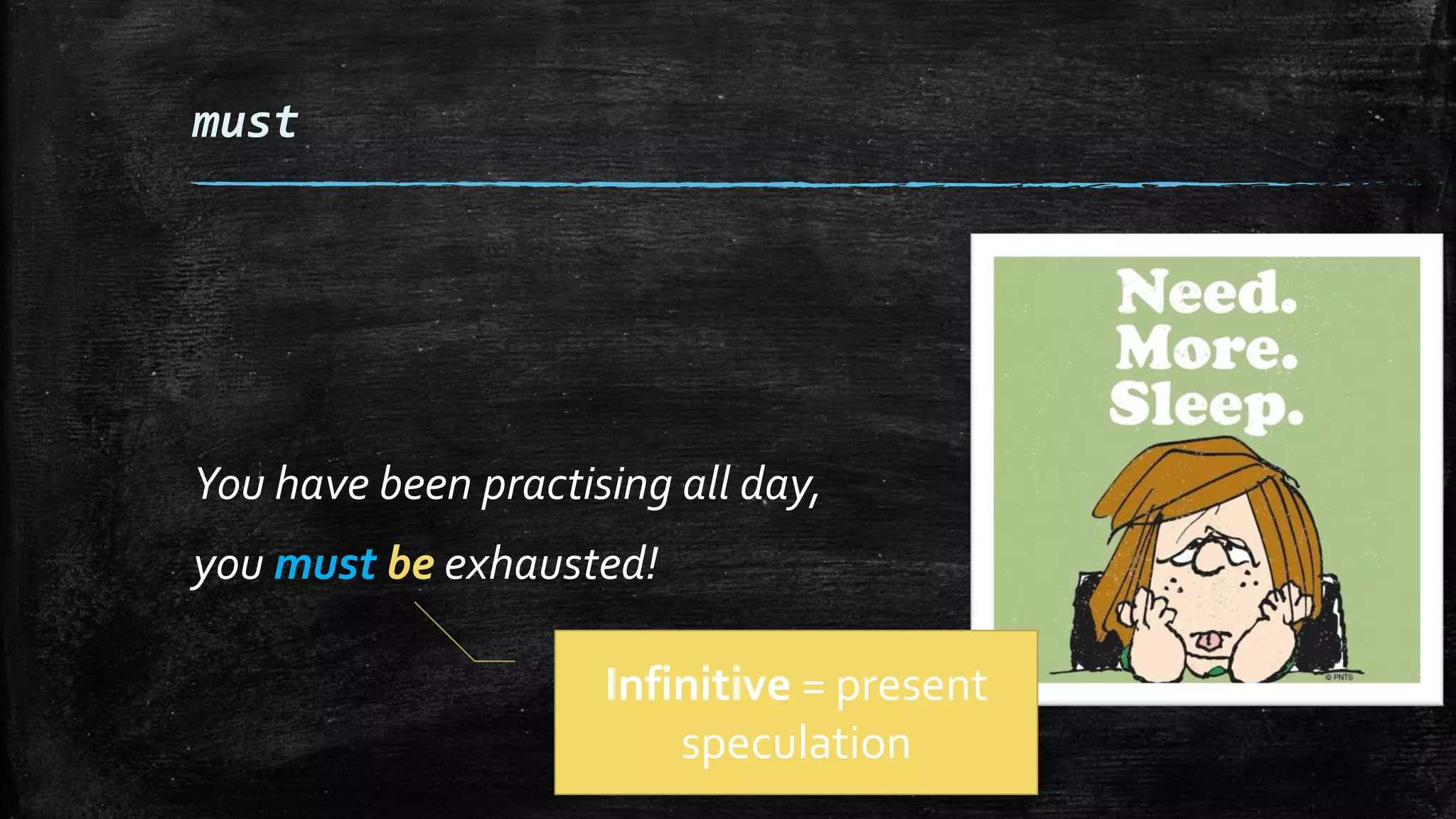 must
You have been practising all day,
you must be exhausted!
Infinitive = present
speculation
 