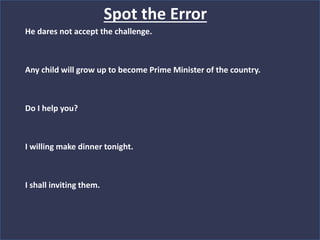 He dares not accept the challenge.
Any child will grow up to become Prime Minister of the country.
Do I help you?
I willing make dinner tonight.
I shall inviting them.
Spot the Error
 