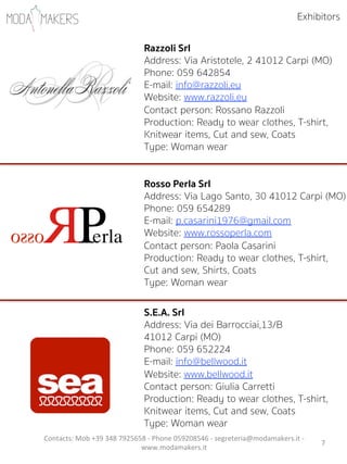 7"
Razzoli Srl
Address: Via Aristotele, 2 41012 Carpi (MO)
Phone: 059 642854
E-mail: info@razzoli.eu
Website: www.razzoli.eu
Contact person: Rossano Razzoli        """""
Production: Ready to wear clothes, T-shirt,
Knitwear items, Cut and sew, Coats
Type: Woman wear
Rosso Perla Srl
Address: Via Lago Santo, 30 41012 Carpi (MO)
Phone: 059 654289
E-mail: p.casarini1976@gmail.com
Website: www.rossoperla.com
Contact person: Paola Casarini           ""
Production: Ready to wear clothes, T-shirt,
Cut and sew, Shirts, Coats
Type: Woman wear
S.E.A. Srl
Address: Via dei Barrocciai,13/B
41012 Carpi (MO)
Phone: 059 652224
E-mail: info@bellwood.it
Website: www.bellwood.it
Contact person: Giulia Carretti          """"
Production: Ready to wear clothes, T-shirt,
Knitwear items, Cut and sew, Coats
Type: Woman wear
erlaRP
Exhibitors
Contacts:"Mob"+39"348"7925658"5"Phone"059208546"5"segreteria@modamakers.it"5"
www.modamakers.it""
 