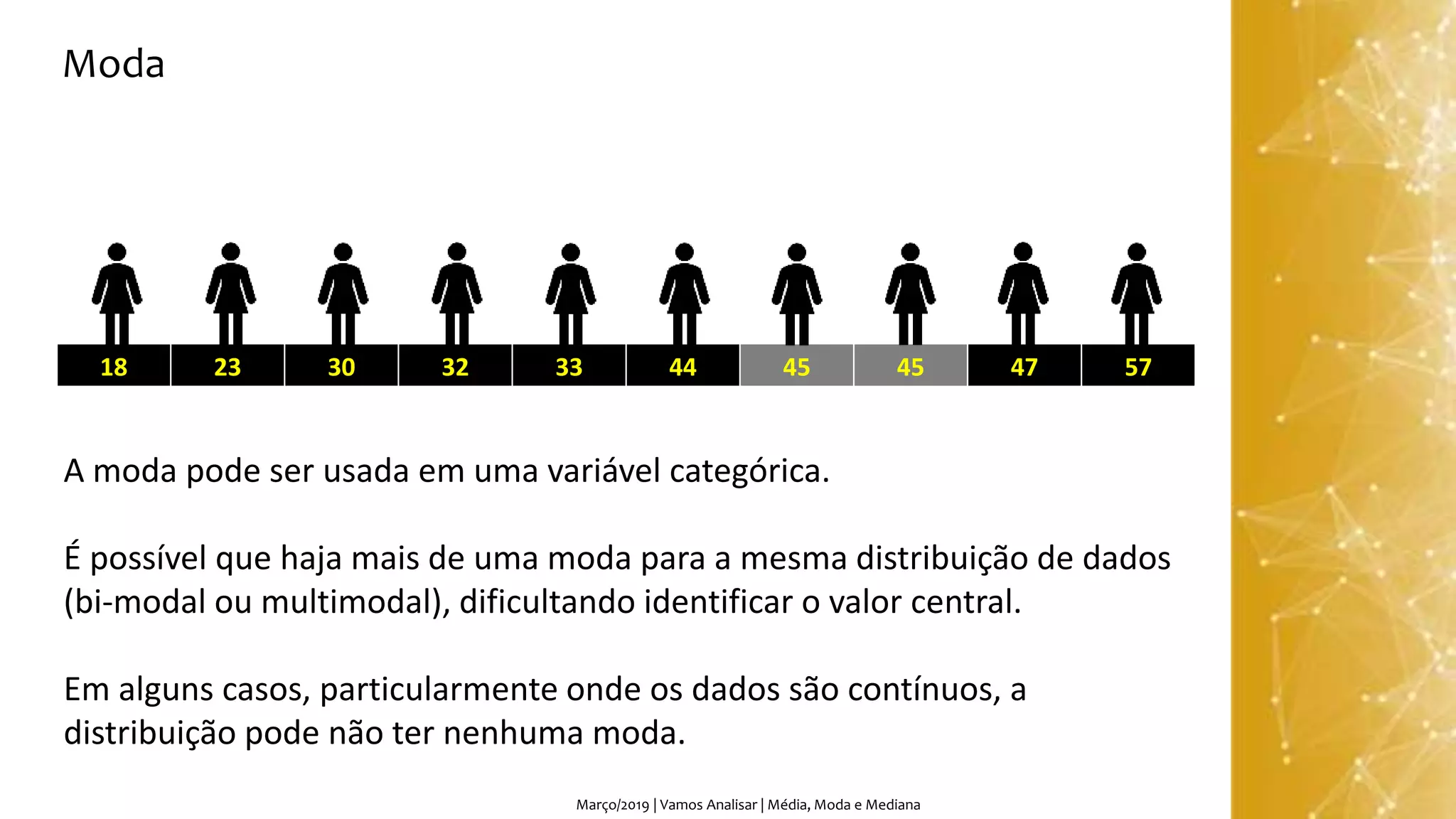 Março/2019 | Vamos Analisar | Média, Moda e Mediana
18 23 30 32 33 44 45 45 47 57
Moda
A moda pode ser usada em uma variável categórica.
É possível que haja mais de uma moda para a mesma distribuição de dados
(bi-modal ou multimodal), dificultando identificar o valor central.
Em alguns casos, particularmente onde os dados são contínuos, a
distribuição pode não ter nenhuma moda.
 