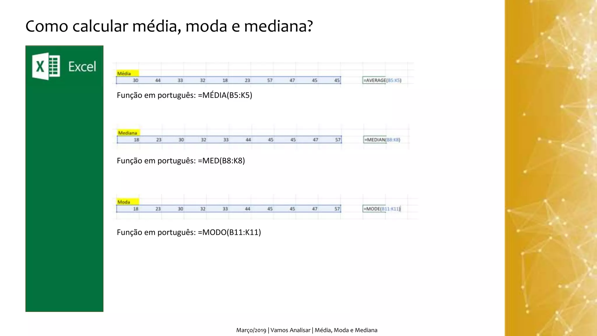 Março/2019 | Vamos Analisar | Média, Moda e Mediana
Como calcular média, moda e mediana?
Função em português: =MÉDIA(B5:K5)
Função em português: =MED(B8:K8)
Função em português: =MODO(B11:K11)
 