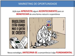 Ação que APROVEITA algum ACONTECIMENTO para se
BENEFECIAR de uma forma natural e espontânea
MARKETING DE OPORTUNIDADE
Nessa estratégia, ANTECIPAR-SE a concorrência é algo FUNDAMENTAL
 