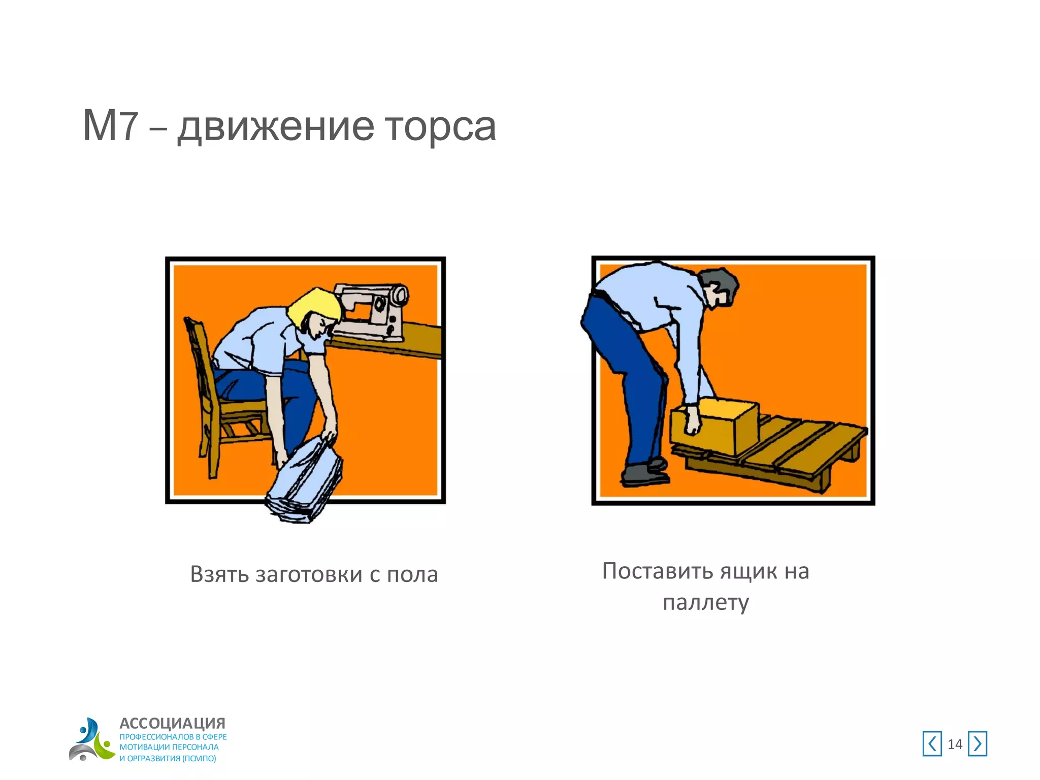 АССОЦИАЦИЯ
ПРОФЕССИОНАЛОВ В СФЕРЕ
МОТИВАЦИИ ПЕРСОНАЛА
И ОРГРАЗВИТИЯ (ПСМПО)
М движение торса
14
Взять заготовки с пола Поставить ящик на
паллету
 