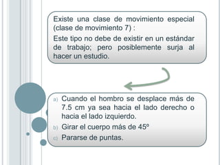 Existe una clase de movimiento especial
(clase de movimiento 7) :
Este tipo no debe de existir en un estándar
de trabajo; pero posiblemente surja al
hacer un estudio.




a)   Cuando el hombro se desplace más de
     7.5 cm ya sea hacia el lado derecho o
     hacia el lado izquierdo.
b)   Girar el cuerpo más de 45º
c)   Pararse de puntas.
 