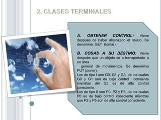 A.    OBTENER         CONTROL:     Viene
después de haber alcanzado el objeto. Se
denomina GET (tomar).

B. COSAS A SU DESTINO: Viene
después que un objeto se a transportado a
un área
  general de movimientos. Se denomina
PUT (poner).
Los de tipo I son G0, G1 y G3, de los cuales
G0 y G1 son de bajo control consiente
mientras del G3 es de alto control
consciente.
Los de tipo II son P0, P2 y P5, de los cuales
P0 es de bajo control consciente mientras
que P2 y P5 son de alto control consciente.
 