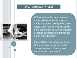 VIII. CAMINAR (W5)


     W5 es aplicable para caminar
     hacia adelante, hacia atrás y
     hacia los lados (excepto el paso
     lateral que muchas veces se da
     para balancear el cuerpo cuando
     el brazo se estira o extiende en
     algún movimiento).

     Inmediatamente después de un
     W5, cualquier movimiento de
     dedos, manos o brazos será
     considerado de clase 2.
 