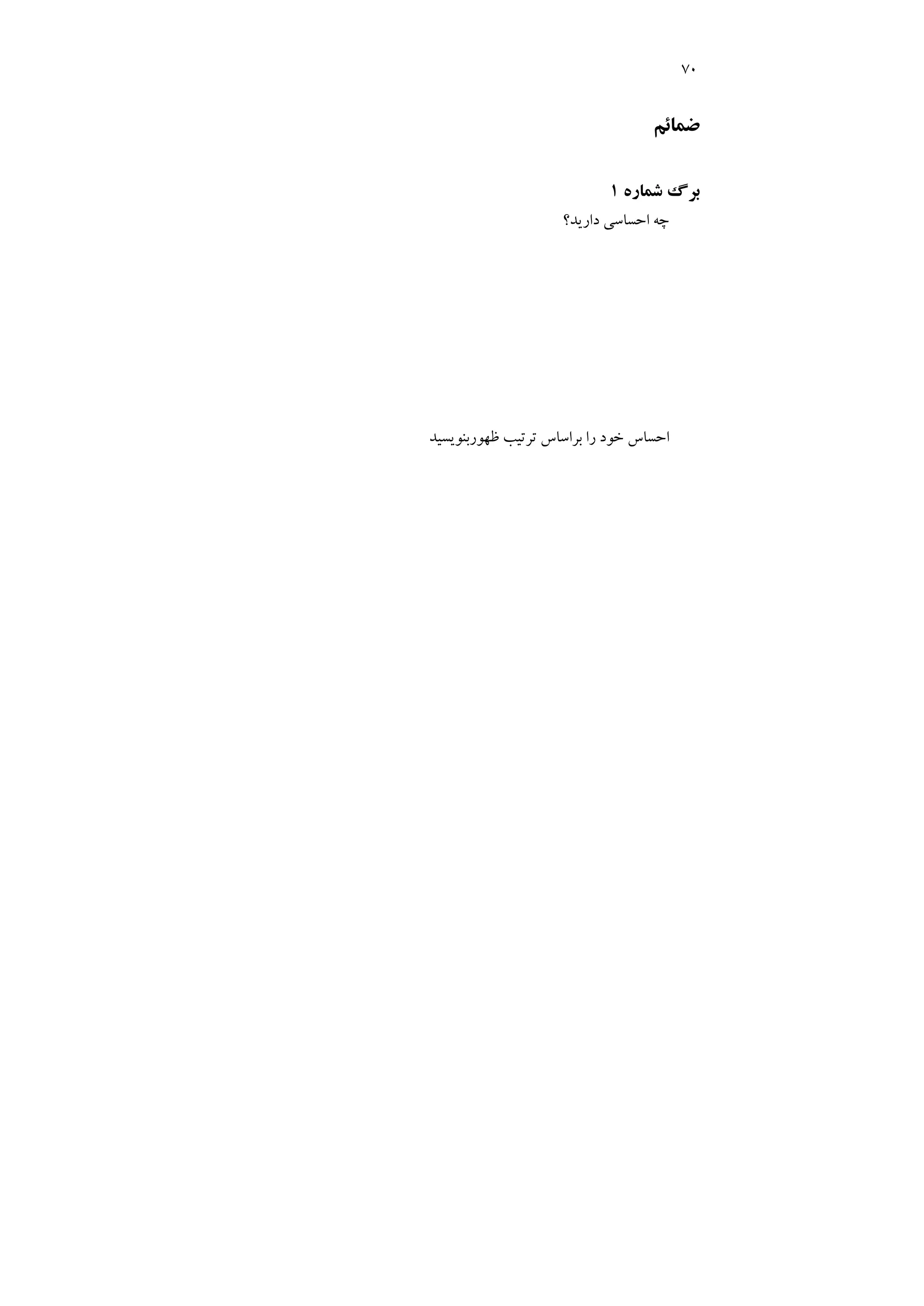 70
‫ﺿﻤﺎﺋﻢ‬
‫ﺷﻤﺎره‬ ‫ﺑﺮگ‬
1
‫دارﻳﺪ؟‬ ‫اﺣﺴﺎﺳﻲ‬ ‫ﭼﻪ‬
‫ﻇ‬ ‫ﺗﺮﺗﻴﺐ‬ ‫ﺑﺮاﺳﺎس‬ ‫را‬ ‫ﺧﻮد‬ ‫اﺣﺴﺎس‬
‫ﻬﻮرﺑﻨﻮﻳﺴﻴﺪ‬
 