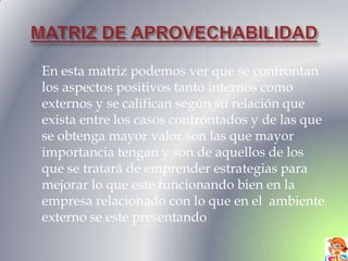 En esta matriz podemos ver que se confrontan
los aspectos positivos tanto internos como
externos y se califican según su relación que
exista entre los casos confrontados y de las que
se obtenga mayor valor son las que mayor
importancia tengan y son de aquellos de los
que se tratará de emprender estrategias para
mejorar lo que este funcionando bien en la
empresa relacionado con lo que en el ambiente
externo se este presentando
 