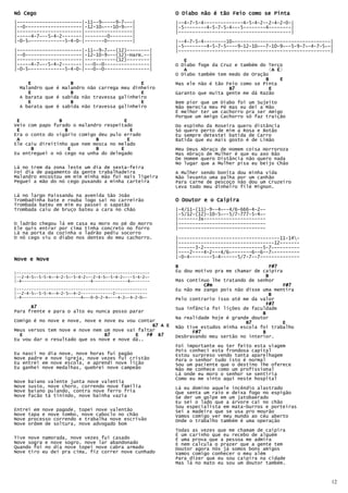 Nó Cego                                                   O Diabo não é tão Feio como se Pinta
|-----------------------|-11--9~----9-7~--|               |--4-7-5-4--------------4-5-4-2--2-4-2-0-|
|--0--------------------|-12-10~---10-9~--|               |-5--------4-5-7-5-4---5--------4--------|
|-----------------------|-----------------|               |----------------------------------------|
|-----4-7~--5-4-2-------|--------0--------|
|-0-5~------------5-4-0-|-------0---------|               |--4-7-5-4--------10~----------------------------------|
                                                          |-5--------4-5-7-5----9-12-10~--7-10-9~--5-9-7~-4-7-5~-|
|-----------------------|-11--9-7~--(12)--------|         |------------------------------------------------------|
|--0--------------------|-12-10-9~--(12)-Harm.--|
|-----------------------|-----------(12)--------|            E
|-----4-7~--5-4-2-------|---0--0----------------|         O Diabo foge da Cruz e também do Terço
|-0-5~------------5-4-0-|---0--0----------------|            A                              (A E
                                                                                             A E)
                                                          O Diabo também tem medo de Oração
                                                                                          B      E
     E              B                        E            Mas ele não é tão Feio como se Pinta
  Malandro que é malandro não carrega meu dinheiro                           B7             E
     E              B                        E            Garanto que muita gente me dá Razão
  A barata que é sabida não travessa galinheiro
     E              B                        E            Bem pior que um   Diabo foi um Sujeito
  A barata que é sabida não travessa galinheiro           Não merecia meu   Pé mas eu dei a Mão
                                                          É melhor ter um   cachorro pra ser Amigo
                                                          Porque um Amigo   Cachorro só faz traição
 E              B                      E
Veio com papo furado o malandro respeitado                Do espinho da Roseira quero distância
 E                B                      E                Só quero perto de mim a Rosa e Botão
Era o conto do vigário comigo deu pulo errado             Eu sempre detestei batida de Carro
 A                           B          E                 Batida que eu mais gosto é de Limão
Ele caiu direitinho que nem mosca no melado
      B            E         B        E                   Meu Deus Abraço de Homem coisa Horroroza
Eu entreguei o nó cego na unha do delegado                Mas Abraço de Mulher é que eu axo Bão
                                                          De Homem quero Distância não quero nada
                                                          No lugar que a Mulher pisa eu beijo Chão
Lá no trem da zona leste um dia de sexta-feira
Foi dia de pagamento da gente trabalhadeira               A Mulher sendo bonita dou minha vida
Malandro encostou em mim minha mão foi mais ligeira       Não levanto uma palha por um canhão
Peguei a mão do nó cego puxando a minha carteira          Para carne de pescoço não dou um Cruzeiro
                                                          Leva todo meu dinheiro filé Mignon.
Lá no largo Paissandu na avenida São João
Trombadinha bate e rouba logo sai no carreirão            O Doutor e o Caipira
Trombada bateu em mim eu passei o sapatão
Trombada caiu de bruço bateu a cara no chão               |-4/11-(11)-9--4~--4/6-666-4-2~-
                                                          |-5/12-(12)-10-5~--5/7-777-5-4~-
                                                          |-------3x----------------------
O ladrão chegou lá em casa eu moro no pé do morro         |-------------------------------
Ele quis entrar por cima tinha concreto no forro          |-------------------------------
Lá na porta da cozinha o ladrão pediu socorro
O nó cego viu o diabo nos dentes do meu cachorro.         |------------------------------------11-14-
                                                          |----------------------------------12-------
                                                          |------3-2---------------------5-7~---------
                                                          |----2----4-2---4/6~-------6--6--7~---------
                                                          |-0-4--------5-4------5/7-7--7--------------
Nove e Nove
                                                          B                                 F#7
|------------------------------------------------------   Eu dou motivo pra me chamar de caipira
|--2-4-5~-5-5-4~-4-2-5~-5-4-2~--2-4-5~-5-4-2~---5-4-2~-                                   B
|-4----------------------------4--------------4~-------   Mas continuo lhe tratando de senhor
                                                                    C#m                          F#7
|-----------------------------------------------------    Eu não me zango pois não disse uma mentira
|--2-4-5~-5-5-4~-4-2-5~-4-2-------------2-------------                                      B
|-4------------------------4~--0-0-2-4~---4-2~-4-2-0~-    Pelo contrario isso até me da valor
                                                                                           F#7
      B7                                                  Sua infância foi lições de faculdade
Para frente e para o alto eu nunca posso parar                                           B
                                                          Na realidade hoje é grande doutor
Comigo é no nove e nove, nove e nove eu vou contar                                 B7            E
                                                 B7 A E   Não tive estudos minha escola foi trabalho
Meus versos tem nove e nove nem um nove vai faltar              F#7                      B
  E                             B7         E   F# B7      Desbravando meu sertão no interior.
Eu vou dar o resultado que os nove e nove dá..
                                                          Foi importante eu ter feito esta viagem
                                                          Pois conheci esta frondosa capital
Eu nasci no dia nove, nove horas fui pagão                Estou surpreso vendo tanta aparelhagem
Nove padre e nove igreja, nove vezes fui cristão          Para o senhor tudo isto é normal
Eu entrei em nove escola, e aprendi nove lição            Sou um paciente que o destino lhe oferece
Eu ganhei nove medalhas, quebrei nove campeão             Não me conhece como um profissional
                                                          Lá onde eu moro o senhor se sentiria
                                                          Como eu me sinto aqui neste hospital
Nove   baiano valente junta nove valentia
Nove   susto, nove choro, correndo nove família           Lá eu domino aquele incêndio alastrado
Nove   baiano pulando, contra nove ferro fria             Que senta um raio e deixa fogo no espigão
Nove   facão tá tinindo, nove bainha vazia                Se der um golpe em um jatobaerado
                                                          Eu sei o lado que a árvore cai no chão
                                                          Sou especialista em mata-burros e porteiras
Entrei em nove pagode, topei nove valentão                Sei a madeira que se usa pro mourão
Nove tapa e nove tombo, nove caboclo no chão              Vamos comigo ver meu mundo ao céu aberto
Nove processo correndo e trabalha nove escrivão           Onde o trabalho também é uma operação
Nove ordem de soltura, nove advogado bom
                                                          Todas as vezes que me chamam de caipira
                                                          É um carinho que eu recebo de alguém
Tive nove namorada, nove vezes fui casado                 É uma prova que a pessoa me admira
Nove sogra e nove sogro, nove lar abandonado              E nem calcula o prazer que a gente tem
Quando foi no dia nove topei nove cabra armado            Doutor agora nós já somos bons amigos
Nove tiro eu dei pra cima, fiz correr nove cunhado        Vamos comigo conhecer o meu além
                                                          Para dizer que eu sou caipira na cidade
                                                          Mas lá no mato eu sou um doutor também.



                                                                                                                 12
 