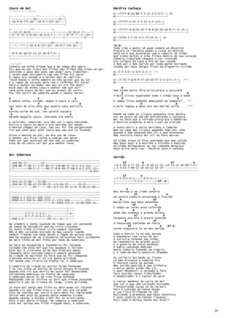 Couro de Boi                                                   Mardita Cachaça
(Tonico e Tinoco)
                                                               e|-/7777-8-10-88-7-5-22-3-5-5/7~-| 2x
/- - - - - - - -(*)- - - - - - - -                            B|-------------------------------|
|--------------10~-------------12~-|
|-10-9-8-777-10---10-9-7-555-10----|                           e|-/77777-5-22-2-5-22-3-3-3/5~-|
|----------------------------------|                           B|-----------------------------|

/- - - - - -(**)- - - - - -                                   e|-/77777-8-8/10-10-7-8-8/10-10-10-8-7~-5~-3~-|
|--12-12-10-9---------------|-----|--12-10-9--7-----|          B|--------------------------------------------|
|-9--9--9--7-9-10~-10-9-8-7-|-(*)-|-9--9--7--5--10~-|
|---------------------------|-----|------------9----|          e|-/3333-5-7-22-3-5-77-55-3~-| 2x
                                                               B|---------------------------|
|----------|--------------10~-------------9~-|
|-(*)-(**)-|-10-9-8-777-10---10-9-7-555-10---|                  G D)
                                                               (G D
|----------|---------------------------------|                 Toda vida a gente Vê quem comete um desatino
                                                               Procura se inocenta pondo a culpa no destino
|-9-9-10-10/12-12-12-10-9-7-5~-|                               Veja só o que aconteceu com o caboclo Zé Simão
|------------------------------|                               Que tinha mulher e três filhos dentro do seu coração
|------------------------------|                               Caboclo trabaiadô chegava a ser invejado
                                                               Ela cuidava da casa e ele do seu roçado
(Falado)..                                                     O bom pai e bom marido por toda gente estimado
Conheço um velho ditado que é do tempo dos agáis.              Levado por maus amigos ficou um pingueiro viciado
Diz que um pai trata dez filhos dez filhos não trata um pai.
Sentindo o peso dos anos sem poder mais trabalhar,             e|-2-3-3/5~-2-3/5-3-2~-| (*)
o velho peão estradeiro com seu filho foi morar.               B|---------------------|
O rapaz era casado e a mulher deu de implicar.
"Você manda o velho embora se não quiser que eu vá".           e|-/7-55-7-8/9-9-77-10-10-77-2-3-5/7~-7~-| (**)
E o rapaz de coração duro com o velhinho foi falar:            B|---------------------------------------|
Para o senhor se mudar meu pai eu vim lhe pedir
Hoje aqui da minha casa o senhor tem que sair                       D
Leve este couro de boi que eu acabei de curtir                 Uma tarde muito feia principiava a escurecê
Pra lhe servir de coberta aonde o senhor dormir                     G                                        D
                                                               A muié triste esperando onde o Simão tava a bebê
A                 E                      A                          D                                  G
O pobre velho, calado, pegou o couro e saiu                    O tempo ficou medonho ameaçando um temporal.. (*)
                  E                         A                                   D                     G
Seu neto de oito anos que aquela cena assistiu                 A muié rogava a Deus pro seu marido voltá..   (**)
  D                   A
Correu atrás do avô, seu paletó sacudiu
  E                                   A                        Ponhô na cama as criança enquanto elas durmia
Metade daquele couro, chorando ele pediu                       Foi em busca do marido enfrentando a ventania
                                                               Mai na hora que a coitada procurava o beberrão
O velhinho, comovido, pra não ver o neto    chorando.          O Destino preparou a mais cruel da traição
Partiu o couro no meio e pro netinho foi    dando
O menino chegou em casa, seu pai foi lhe    perguntando.       O Vento abriu a porta derrubou o lampião
Pra quê você quer este couro que seu avô    ia levando         Bem na cama das criança pegando fogo por chão
                                                               Quando a mãe desesperada viu o que aconteceu
Disse o menino ao pai: um dia vou me casar                     Não resistiu tanta dor ali na hora morreu
O senhor vai ficar velho e comigo vem morar
Pode ser que aconteça de nós não se combinar                   Zé Simão oiava os fios queimado que nem carvão
Essa de do couro vai dar pro senhor levar                      Meu Deus qual é a Rozinha o Ditinho o Bastião
                                                               Zé Simão enlouqueceu ao ver tamanha desgraça
                                                               Hoje grita pela rua.. Mardita seja a cachaça

Boi Soberano
                                                               Sertão
|--------------------------------------------------------
|-7h9-99-77---------77-----------------------------------            E7          A                 E7            A
|-7h8-88-77-88-7~-7-77-88-77-5/8-88-77-55/3-31-111------      |-0-2-44-5-77-10--9--9-10-12-12~-14-12-12-10-99-7-5~-
|-7---------99-7~-7----99-77-6/9-99-77-66/4-42-222--22~-      |-2-3-55-7-99-12-10-10-12-14-14----------------------
|--------------------------------------------------0-44~-      |----------------------------------------------------

|--------------------------------------------------------            E7         A
|--------------------------------------------------------      |-7-5-4-5-4-2------0-4-5~-|--------
|-2h3-33-22-00----22-00----------------------------------      |------------5-3-2--------|-E7 A--
                                                                                           E7--A
                                                                                           E7
|-2h4-44-22-00-22-22-00-22~-2/4-44-22-------0-22---------      |-------------------------|--------
|--------------44-------44~-4/5-55-44-22-0~-0-44-22-00~--
                                                                        A               E
|--------------------------------------------------------      Meu Sertão é um Lindo cenário
|--------------------------------------------------------                      E7                 A
|-0000-3-2-2h3-0~-000-2222-------------------------------      Um jardim caboclo encantado e florido
|-0000-4-2-2h4-0~-000-2222-2~-2222-444----------222~-----          A                    E7
|--------------------------4~-4444-555-2~-22-00-444~-0~--      Maravilhas que Deus desenhou
                                                                             E7           A
|-----------------------------------|----                      E todas as cores está colorido
|-----------------------------------|----                                    A              E
|---------2/7-7~-5-3-2~-------------|-B--                      Quem não conhece a grande beleza
|---------2/7-7~-6-4-2~-22~---------|----                                      E7               A
|-000-2-4---------------44~-2~--0~--|----                      Pergunte pra mim e preste Atenção
                                                                      A                 E7
Me alembro e tenho saudade do tempo que vai passando           A Passarada contando em Festa
Do tempo de boiadeiro que eu vivia viajando                               E7                  A       A)
                                                                                                  (E7 A)
Eu nunca tinha tristeza vivia sempre cantando                  Forma orquestra lá no meu Sertão
Mês e mês cortando estrada no meu cavalo ruando
Sempre lidando com Gado desde a idade de quinze anos           Como é bonito lá no meu Sertão
Não me esqueço de um transporte seiscentos bois cuiabanos      O Amanhecer com raios de Sol
No meio tinha um Boi Preto por nome de Soberano.               A Curruira fazendo seu ninho
                                                               Na comunheira do grande paiol
Na hora da despedida o fazendeiro foi falando                  E a goteira da chuva manhosa
Cuidado com este boi que nas guampas é leviano                 O Sabiá cantando dobrado
Este boi é criminoso já me fez diversos danos                  Nosso Caboclo fumando um cigarro
Toquemos pela estrada naquilo sempre pensando                  E o João-de-Barro pedreiro Afamado
Na cidade de Barretos na hora que eu fui chegando
A boiada estourou ai só via gente gritando                     Os colibris beijando as Flores
Foi mesmo uma tirania na frente ia, o soberano.                Lá bem distante a codorna Pia
                                                               O Chororó canta na paiada
O comercio da cidade as portas foram fechando                  Meu Sertão querido é uma sinfonia
E na rua tinha um menino de certo estava brincando             E muita gente ainda não viu
Quando ele viu que morria de susto foi desmaiando              E quer desmentir a verdade q falo
Coitadinho debruçou na frente do soberano                      Para acordar nosso trabalhador
O soberano parou ai em cima ficou bufando                      O Despertador é o Cantar do galo
Rebatendo com os chifres os bois que vinham passando
Naquilo o pai da criança de longe, vinha gritando.             O Cantar manhoso do carro de boi
                                                               Que vai e que vêm cortando estradão
Se este boi matar meu filho eu mato quem vai tocando           Transportando carga só de Cereais
Quando viu seu filho vivo e o boi por ele velando              Para o consumo da nossa Nação
Caiu de joelhos por terra e para deus foi implorando           A Lua clara brilhando no céu
Salvai meu anjo da guarda deste momento tirano                 Mostrando a grandeza que Deus construiu
Quando passou a boiada o boi foi se arretirando                É este cenário de tantas riquezas
Veio o pai desta criança, me comprou o soberano                Pois tudo é beleza neste meu Brasil
Este boi salvou meu filho ninguém mata, o soberano.

                                                                                                                       24
 