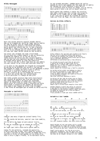 Minha Mensagem                                            Eu sou grande pescador, também gosto de catira,
                                                          Quando eu entro num pagode não tem quem não se admira
|-----------------------------------------------------    No repique da viola contente o povo delira
|-77-777-9------------7-------------------------------    Se a tristeza está na festa eu chego, ela se retira,
|-77-777-8-88-888-7-8-7-77-777-5-7-8-55-555-3-7-5-22~-    Bato palma e bato o pé até as moças suspiram
|----------99-999-7-9---77-777-6-7-9-66-666-4-7-6-22~-
|-----------------------------------------------------
                                                          Muita gente não conhece o cantar da curruira,
|---------------------------------------------------      Nem sabe o gosto que tem a pinga com sucupira,
|---------------------------------------------------      Morando lá na cidade não se come cambuquira.
|-22-222-3-00-000-00-2-----------0------------------      É por isso que eu gosto do sistema do caipira,
|-22-222-4-00-000-00-2-22-222-22-0------------2-----      Pode até ficar de fogo, ele não conta mentira.
|----------------------44-444-44---22-222-0-2-4-00~-

|-----------------------------------------------------
|-----------------------------------------------------    Retrato da Minha Infância
|---------0-------000-2----0-2-3-33-222-2-00-0-2-0----
|-----222-0-----2-000-2-22-0-2-4-44-222-2-00-0-2-0-22-    Intro:
|-0-2-444--22-2-4-------44-------------------------44-    |-00-----0--00-----0--7~-
                                                          |-00-0---0--00-0---0--7~-
|------------------------------------------               |-00-1---0--00-1---0--7~-
|-----2h4-44-222-2-------------------------               |-00-2-2-0--00-2-2-0--7~-
|-2-3-2h3-33-222-2-33-33-2-22-2-00-00------               |-00-0-4-0--00-0-4-0-----
|-2-4--------------44-44-2-22-2-00-00-22-2-
|-------------------------------------44-4~               [Versos]
                                                          |-------------------------------------------------------
|--------------------7------------                        |---7-7h9-99-777-777------------------------------------
|--------------------7------------                        |-7-7-7h8-88-777-777-88-777-777-55-33-333-11-00~-0h1-1~-
|-----2h3-2-0--------7-Repique-B--
                               B                          |-7------------------99-777-777-55-44-444-22-00~-0h2-2~-
|---2-2h4-2-0-2-----7-------------                        |-------------------------------------------------------
|-0-4---------4-2~-0--------------
                                                          |---------------------------------------------------7~-
                                                          |---------------------------------------------------7~-
Moro num sertão deserto naquele mundão aberto             |-11-1/3-33-111-111-00-----0h1-11-----------------B-7~-
                                                                                                            B
Não se vê ninguém por perto do lugar que eu habito        |-22-2/4-44-222-222-00-22--0h2-22----22-222---------7~-
Ao lado da minha roça eu tenho minha palhoça              |----------------------44-2------000-44-444-22-00~-----
Feita de madeira grossa e com folha de palmito
Muita gente tem receio não vai lá nem a passeio           |------------------------------------------------------
Dizem que o lugar é feio mas eu acho tão bonito           |-----------------2h4-444-2-4-5-4-2--------------------
                                                          |-00-000-1-1/3-3~-2h3-333-2-3-5-3-2-33-11-00-0-(Intro)-
Pois é lá no cafundó que eu sinto prazer maior            |-00-000-2-2/4-4~-------------------44-22-00-0---------
Diz que tem lugar melhor porém eu não acredito            |------------------------------------------------------
Vou dizer uma verdade com toda sinceridade                Minha Infância foi marcada pela Ausência de Alegria
Só vim hoje pra cidade comprar o que eu necessito         Meu Pai muito trabalhava porém nada possuía
Acabando de comprar eu já vou me retirar                  A Pobreza nos Rondava com trapos eu me Vestia
Tenho pressa de voltar pro meu recanto bendito            Vira e meche eu apanhava pelas Artes que eu fazia
                                                          Com os pezinhos descalços..
Não me dou com este ambiente agitado e diferente          Enfrentava os percalços que a Vida oferecia
O sotaque dessa gente eu acho tão esquisito
Por isso eu vou dar o fora logo mais eu vou embora        Eu voltada da escola pertinho do meio-dia
Pro meu rancho lá da flora meu cantinho favorito          A Panela de Feijão no fogo Ainda fervia
                                                          Mamãe servia o Almoço bem ligeiro eu comia
Lá no mato eu não dependo de ninguém me protegendo        Preparava isca e vara e rumava pra pescaria
Do perigo eu me defendo sou astuto e sou perito           Peixe farinha e Verdura..
                                                          Quase sempre foi mistura que a família consumia
Mas quando eu chego na praça Eu já vou perdendo a graça
O barulho e a fumaça Me deixa tonto e aflito              No Varjão muitos preás com bodoque eu abatia
Quero ver a olho nú O imenso céu azul                     Na mira da cartucheira a caça sempre morria
E o meu cruzeiro de sul Brilhando no infinito             As vezes jogava bola do campo logo saia
O ar puro do sertão Não tem contaminação                  Tinha um Gênio enfezado com todos eu Discutia
A única poluição É a fumaça do meu pito                   Eu era de pouca prosa..
                                                          Uma alma revoltosa apanhava e batia
Não tenho grande estatura Nem tanta musculatura           Em Noites de São João da minha casa eu fugia
Sou carente de gordura Sou fino que nem palito            Me escondia num moitão e uma fogueira acendia
Mas tenho boa saúde E um pouco de juventude               Ficava mirando estrelas que lá no céu reluzia
Apesar de homem rude Eu tenho meus requisitos             Apanhava algum Balão que acaso ali caia
Adoro estar na floresta Vendo a natureza em festa         Eu só voltava pra casa..
Apreciando a orquestra Dos bandos de periquitos           Depois que a última brasa naquela cinza sumia
Esta moda é uma imagem Da minha vida selvagem
                                                          Quando chegava o Natal meu peito se contraia
É uma forma de mensagem Que no mundo eu deixo escrito     É que mestre Nicolau de mim sempre esquecia
                                                          Brinquedos eu não Ganhava comprar papai não podia
                                                          Só Mamãe me consolava me tirava da Agonia
Pescador e Catireiro                                      Na Retina da Razão..
                                                          Ficou gravada a Lição que Jesus também Sofria
|-2-4-55555-4-222-222-4-55555-4-2~-
|-4-5-77777-5-444-444-5-77777-5-4~-
|----------------------------------                       Boiadeiro é Boi Também
|----------------------------------
|----------------------------------                               B7              E         B7           E            B7
                                                          -------------------------------------------------------------
|--------------------------0-22222-                       -------------------------------------------------------------
|-------------------------4--------                       -4-6-8-8/11-11-11-9-8-6-4----4-6-6/8-8-8-6-4-2-1~-4-2-1------
                                                          -------------------------6~-6--------------------------4-2---
|----------------------3~--0-11111-                       ----------------------------------------------------------2~-
|---------------------2---2--------                       --------------------------------------------------(Violão)-----
|-0-2-4-5-4-2-4-2-0~-4-------------
                                                          B7     E       B7                E
|-4-55555-4-77777-4-/12-12-11-12~--                       Vai boiada, deixando poeira pra trás
|----------------------------------                           B7             E        B7              E
|-3-55555-3-77777-3-/12-12-10-12~--                       Eu vou com você boiada, eu vou e não volto mais.
|----------------------------------
|----------------------------------                          E                      B7             E
                                                          A boiada vai pro corte eu no corte já estou
   E                                                           B7             E                   B7
Comprei uma mata virgem do coronel bento lira,            No corte da ingratidão que senhor preparou
    A                                                           E                           B7           E
                                                          Com muita dor e tristeza, vou levando esta boiada
Fiz um rancho de barrote, amarrei com cipó cambira,               B7            E        B7            E
    B7                                                    Se a dor ocupasse espaço, não cabia nesta estrada.
Fiz na beira da lagoa só para pescar traíra.
E             E7                       A     D A
Eu não me incomodo que me chamam de caipira,              Nesta boiada vai boi que puxou carro e arado
      B             E           B       E                 Sofreu debaixo da canga sem receber ordenado
No lugar que índio canta muita gente admira.              Eu também sofri na unha de um patrão muito malvado
                                                          Que, à custa do meu suor, tesouro ele tem guardado.
Canoa fiz de paineira, varejão de guaiuvira,              Engoli muita poeira, em cima de um arreio
A boita pesa uma arroba, dois remos de sucupira           Esperando recompensa, que até agora não veio
Se jogo a tarrafa na água sozinho um homem não tira.      Boiadeiro e boiada são dois filhos de ninguém
Capivara é bicho arisco quando cai na minha mira.         Nas mãos de um alguém, boiadeiro e boi também.
Puxo o arco e jogo a flecha, lá no barranco revira
                                                                                                                            34
 