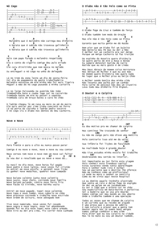 Nó Cego                                                    O Diabo não é tão Feio como se Pinta
|--------------------|-11--9~----9-7~--|                   |--4-7-5-4--------------4-5-4-2--2-4-2-0-|
|--------------------|-12-10~---10-9~--|                   |-5--------4-5-7-5-4---5--------4--------|
|---0-3~-------------|-----------------|                   |----------------------------------------|
|--0-----5-4-2-------|--------0--------|
|-0------------5-4-0-|-------0---------|                   |--4-7-5-4--------10~----------------------------------|
                                                           |-5--------4-5-7-5----9-12-10~--7-10-9~--5-9-7~-4-7-5~-|
|--------------------|-11--9-7~--(12)--------|             |------------------------------------------------------|
|--------------------|-12-10-9~--(12)-Harm.--|
|---0-3~-------------|-----------(12)--------|                E
|--0-----5-4-2-------|---0--0----------------|             O Diabo foge da Cruz e também do Terço
|-0------------5-4-0-|---0--0----------------|                A
                                                           O Diabo também tem medo de Oração
                                                                                           B    E
     E              B                        E             Mas ele não é tão Feio como se Pinta
  Malandro que é malandro não carrega meu dinheiro                            B7             E
     E              B                        E             Garanto que muita gente me dá Razão
  A barata que é sabida não travessa galinheiro
     E              B                        E             Bem pior que um   Diabo foi um Sujeito
  A barata que é sabida não travessa galinheiro            Não merecia meu   Pé mas eu dei a Mão
                                                           É melhor ter um   cachorro pra ser Amigo
                                                           Porque um Amigo   Cachorro só faz traição
 E              B                      E
Veio com papo furado o malandro respeitado                 Do espinho da Roseira quero distância
 E                B                      E                 Só quero perto de mim a Rosa e Botão
Era o conto do vigário comigo deu pulo errado              Eu sempre detestei batida de Carro
 A                           B          E                  Batida que eu mais gosto é de Limão
Ele caiu direitinho que nem mosca no melado
      B            E         B        E                    Meu Deus Abraço de Homem coisa Horroroza
Eu entreguei o nó cego na unha do delegado                 Mas Abraço de Mulher é que eu axo Bão
                                                           De Homem quero Distância não quero nada
                                                           No lugar que a Mulher pisa eu beijo Chão
Lá no trem da zona leste um dia de sexta-feira
Foi dia de pagamento da gente trabalhadeira                A Mulher sendo bonita dou minha vida
Malandro encostou em mim minha mão foi mais ligeira        Não levanto uma palha por um canhão
Peguei a mão do nó cego puxando a minha carteira           Para carne de pescoço não dou um Cruzeiro
                                                           Leva todo meu dinheiro filé Mignon.
Lá no largo Paissandu na avenida São João
Trombadinha bate e rouba logo sai no carreirão             O Doutor e o Caipira
Trombada bateu em mim eu passei o sapatão
Trombada caiu de bruço bateu a cara no chão                |-4/11-(11)-9--4~--4/6-666-4-2~-|
                                                           |-5/12-(12)-10-5~--5/7-777-5-4~-|
                                                           |-------3x----------------------|
O ladrão chegou lá em casa eu moro no pé do morro          |-------------------------------|
Ele quis entrar por cima tinha concreto no forro           |-------------------------------|
Lá na porta da cozinha o ladrão pediu socorro
O nó cego viu o diabo nos dentes do meu cachorro.          |------------------------------------11-14-|
                                                           |----------------------------------12-------|
                                                           |------3-2---------------------5-7~---------|
                                                           |----2----4-2---4/6~-------6--6--7~---------|
                                                           |-0-4--------5-4------5/7-7--7--------------|
Nove e Nove
                                                           B                                 F#7
|------------------------------------------------------|   Eu dou motivo pra me chamar de caipira
|--2-4-5~-5-5-4~-4-2-5~-5-4-2~--2-4-5~-5-4-2~---5-4-2~-|                                   B
|-4----------------------------4--------------4~-------|   Mas continuo lhe tratando de senhor
                                                                     C#m                          F#7
|-----------------------------------------------------|    Eu não me zango pois não disse uma mentira
|--2-4-5~-5-5-4~-4-2-5~-4-2-------------2-------------|                                      B
|-4------------------------4~--0-0-2-4~---4-2~-4-2-0~-|    Pelo contrario isso até me da valor
                                                                                            F#7
      B7                                                   Sua infância foi lições de faculdade
Para frente e para o alto eu nunca posso parar                                            B
                                                           Na realidade hoje é grande doutor
Comigo é no nove e nove, nove e nove eu vou contar                                  B7            E
                                                           Não tive estudos minha escola foi trabalho
Meus versos tem nove e nove nem um nove vai faltar               F#7                      B
  E                             B7         E   F# B        Desbravando meu sertão no interior.
Eu vou dar o resultado que os nove e nove dá..
                                                           Foi importante eu ter feito esta viagem
                                                           Pois conheci esta frondosa capital
Eu nasci no dia nove, nove horas fui pagão                 Estou surpreso vendo tanta aparelhagem
Nove padre e nove igreja, nove vezes fui cristão           Para o senhor tudo isto é normal
Eu entrei em nove escola, e aprendi nove lição             Sou um paciente que o destino lhe oferece
Eu ganhei nove medalhas, quebrei nove campeão              Não me conhece como um profissional
                                                           Lá onde eu moro o senhor se sentiria
                                                           Como eu me sinto aqui neste hospital
Nove   baiano valente junta nove valentia
Nove   susto, nove choro, correndo nove família            Lá eu domino aquele incêndio alastrado
Nove   baiano pulando, contra nove ferro fria              Que senta um raio e deixa fogo no espigão
Nove   facão tá tinindo, nove bainha vazia                 Se der um golpe em um jatobaerado
                                                           Eu sei o lado que a árvore cai no chão
                                                           Sou especialista em mata-burros e porteiras
Entrei em nove pagode, topei nove valentão                 Sei a madeira que se usa pro mourão
Nove tapa e nove tombo, nove caboclo no chão               Vamos comigo ver meu mundo ao céu aberto
Nove processo correndo e trabalha nove escrivão            Onde o trabalho também é uma operação
Nove ordem de soltura, nove advogado bom
                                                           Todas as vezes que me chamam de caipira
                                                           É um carinho que eu recebo de alguém
Tive nove namorada, nove vezes fui casado                  É uma prova que a pessoa me admira
Nove sogra e nove sogro, nove lar abandonado               E nem calcula o prazer que a gente tem
Quando foi no dia nove topei nove cabra armado             Doutor agora nós já somos bons amigos
Nove tiro eu dei pra cima, fiz correr nove cunhado         Vamos comigo conhecer o meu além
                                                           Para dizer que eu sou caipira na cidade
                                                           Mas lá no mato eu sou um doutor também.



                                                                                                                  12
 