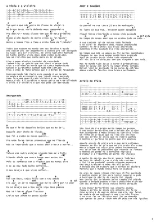 A Viola e o Violeiro                                      Amor e Saudade
|-0--4/11-11-10-9~---/11-11-9--7-4~--                     -------------------------------------------
|-0--5/12-12-11-10~--/12-12-10-9-5~--                     -------------------------------------------
|-0------(6x)------------------------                     -0—0-0--0-1-3-3/5-5-3-1-0—1/5~-3-1-0-1/5~--
|-0----------------------------------                     -0-0-0--0-2-4-4/5-5-4-2-0—2/5~-4-2-0-2/5~--
|-0----------------------------------                     -------------------------------------------
 E                B7                      E                     A
Tem gente que não gosta da classe   de violeiro           Eu passei na sua terra já era de madrugada
 E              B7                        E                                                        E7
No braço dessa viola defendo meus   companheiro           As luzes da sua rua.. estavam quase apagadas
     A                              B7          E
Pra destruir nossa classe tem que   me mata primeiro      Fiquei horas recordando a nossa vida passada
 E                             B7           E                 D              E7                        A (E7 A)2x
                                                                                                              A)2x
Mesmo assim depois de morto ainda   eu "atrapaio"         Do tempo do nosso amor que se acabou tudo em nada..
 E                                   B7         E
Morre o homem fica a fama e minha   fama da "trabaio"     A sua casinha triste estava toda fechada
                                                          E no varal do alpendre umas roupas penduradas
                                                          Conheci no meio delas sua blusa amarelada
Todos que nascem no mundo tem seu destino traçado         Aumentou minha saudade êta vida amargurada..
Uns nascem pra ser engenheiro e outros pra ser advogado
Eu nasci pra ser violeiro, me sinto bastante honrado      No tempo que nós se amava eu fiz muitas caminhadas
De tanto pontia viola meus dedo estão calejados           Chegava na sua casa mesmo sendo hora avançada
Sou um violeiro que canta para os 22 estado               Você de casaco preto vinha toda enamorada
                                                          Ali nós dois se abraçava sem que ninguém visse nada..
Viva o   povo mineiro cantador de recordado
Também   viva os gaúcho que nos short é respeitado        Mas no mundo tudo passa a sorte é predestinada
Viva o   violeiro do norte que só canta improvisado       Você se casou com outro eu segui minha jornada
Goiano   e paranaense cantam tudo bem cantado             Deixei você me acenando lá na curva da estrada
Viva o   chão de Mato Grosso que é o berço do rasqueado   Adeus cabocla faceira rosa branca perfumada.
Representando São Paulo este pagode é um recado
As música do estrangeiro que invadi nosso mercado
Vamo faze uma guerra,cada violeiro é um "sordado",
Nossa viola é a carabina e nosso peito um trem blindado   Arreio De Prata
A viola e o violeiro é que não pode ser derrotado
                                                          (Intro)..
                                                          |------------------------------|-------------|
                                                          |------------------------------|-------------|
                                                          |------5~----------------------|-E-----------|
                                                                                           E
                                                          |-0-5h7---7-5~--0-2h4/5~-4-0~--|---Repique..-|
Amargurado
Amargurado                                                |------------------------------|-------------|
|-------------4444---4-55-5-------2~-------44-|           (Versos)..
|-7-----------5555-4-5-77-7-5-4-2-4~-4-2-4-55-|           |-/---------(*)----------------|---|--------|
|-7-8-7-5--3----------------------------------|           |-------------------------------|---|--------|
|---9-7-5--4----------------------------------|           |-0000-1/3-5-5-3-1-0-----5/7-7~-|-*-|--------|
|---------------------------------------------|           |-0000-2/4-5-5-4-2-0-----5/7-7~-|---|-2/4-4~-|
                                                          |--------------------0-0--------|---|-4/5-5~-|
|-----5------------------------------11-9-7~--|
|-4-5-7-5-7/9-9~-7-9-11-9-11-11~-9-11---------|           |------------------------------|-------------|
|---------------------------------------------|           |------------------------------|-------------|
|---------------------------------------------|           |-7-5-3-00-8-7h8-7~-0-33-11-0~-|-E-----------|
                                                                                           E
|---------------------------------------------|           |-7-5-4-00-9-7h9-7~-0-44-22-0~-|---Repique..-|
                                                          |------------------------------|-------------|
B
Do que é feito daqueles beijos que eu te dei..            São José do rio preto muito tempo se passou
                                                          O seu Oscar Bernardino com a boiada ele viajou
Daquele amor cheio de ilusão..                            Num transporte á Mato Grosso na comitiva levou
                            F#7                           Um filho de criação que na lida ele ensinou
Que foi a razão do nosso querer..                         Com seu arreio de prata que no rodeio ganhou
                                                          O menino ai garboso no potro que ele amansou
Pra onde foram tantas promessas que me fizeste
             E                 F#7             B          Aquele arreio de prata era o que mais estimava
Não se importando que o nosso amor vieste a morrer..      Somente em dia de gala que em rio preto ele usava
                                                          Nesta viagem seu Oscar pros peões recomendava
                                                          Pra zelar bem do peãozinho que recente se formava
 B                                                        O menino de ponteiro o berrante repicava
Talvez com outro estejas vivendo bem mais feliz           O Itamar e o Tiãozinho de perto lhe vigiava
                          B7               F#7
Dizendo ainda que nunca houve amor entre nós              A mania do menino seu Oscar sempre lembrava
           E             F#7                 B            Na hora do reboliço com a vida não contava
Pois tu sonhavas com a riqueza que eu nunca tive          E foi lá no pantanal quando ninguém esperava
                             F#7                          Uma onça traiçoeira numa rês ela pulava
E se ao meu lado muito sofreste..                         A boiada deu um estouro que o sertão se abalava
                             B                            Parecia que o mundo nessa hora se acabava
O meu desejo é que vivas melhor..
                                                          Os ares de campo virgem cheirava chifre queimado
                                                          O menino dando gritos para tentar segurar o gado
F#7                    E              B                   A barrigueira partiu do cavalo foi jogado
Vai com Deus, sejas feliz com o teu amado                 Nos cascos dos cuiabanos pelos campos foi pisado
     B              F#7              E            B B7    Quando a boiada passou viram o peãozinho estirado
Eis aqui um peito magoado que muito sofre por te amar     Com seu arreio de prata estava morto abraçado
       E                F#7             B
Eu só desejo que a boa sorte siga teus passos             O seu Oscar Bernardinho sua alegria acabou
                         E                                Pegou o arreio de prata pro Antonio ele falou
Mas se tiveres algum fracasso                             Esse arreio é do menino deixe com ele, por favor,
             F#7              B                           Na sombra de um anjiqueiro uma cruzinha fincou
Creias que ainda te posso ajudar                          E na cruz fez um letreiro aqui jaz um domador
                                                          Que apesar da pouca idade nem um peão com ele igualou




                                                                                                                     4
 