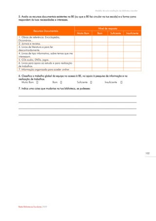Modelo de auto-avaliação da biblioteca escolar

5. Avalia os recursos documentais existentes na BE (ou que a BE faz circular na tua escola) e a forma como
respondem às tuas necessidades e interesses.


                                                                        Nível de resposta
                Recursos Documentais
                                                    Muito Bom          Bom           Suficiente       Insuficiente
1. Obras de referência: Enciclopédia,
Dicionários...
2. Jornais e revistas.
3. Livros de literatura e para ler
descontraidamente.
4. Livros de tipo informativo, sobre temas que me
interessam.
5. CDs audio, DVDs, jogos.
6. Livros para apoio ao estudo e para realização
de trabalhos.
7. Informação organizada para aceder online .

6. Classifica o trabalho global da equipa no acesso à BE, no apoio à pesquisa de informação e na
realização de trabalhos.
   Muito Bom                    Bom                  Suficiente              Insuficiente

7. Indica uma coisa que mudarias na tua biblioteca, se pudesses:

__________________________________________________________________________________________

__________________________________________________________________________________________

__________________________________________________________________________________________

__________________________________________________________________________________________




                                                                                                                      102




Rede Bibliotecas Escolares 2009
 