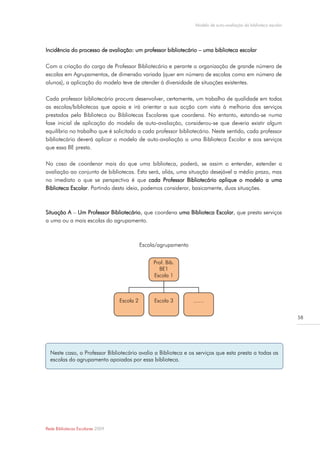 Modelo de auto-avaliação da biblioteca escolar




Incidência do processo de avaliação: um professor bibliotecário – uma biblioteca escolar

Com a criação do cargo de Professor Bibliotecário e perante a organização de grande número de
escolas em Agrupamentos, de dimensão variada (quer em número de escolas como em número de
alunos), a aplicação do modelo teve de atender à diversidade de situações existentes.

Cada professor bibliotecário procura desenvolver, certamente, um trabalho de qualidade em todas
as escolas/bibliotecas que apoia e irá orientar a sua acção com vista à melhoria dos serviços
prestados pela Biblioteca ou Bibliotecas Escolares que coordena. No entanto, estando-se numa
fase inicial de aplicação do modelo de auto-avaliação, considerou-se que deveria existir algum
equilíbrio no trabalho que é solicitado a cada professor bibliotecário. Neste sentido, cada professor
bibliotecário deverá aplicar o modelo de auto-avaliação a uma Biblioteca Escolar e aos serviços
que essa BE presta.

No caso de coordenar mais do que uma biblioteca, poderá, se assim o entender, estender a
avaliação ao conjunto de bibliotecas. Esta será, aliás, uma situação desejável a médio prazo, mas
no imediato o que se perspectiva é que cada Professor Bibliotecário aplique o modelo a uma
Biblioteca Escolar. Partindo desta ideia, podemos considerar, basicamente, duas situações.



Situação A – Um Professor Bibliotecário, que coordena uma Biblioteca Escolar, que presta serviços
a uma ou a mais escolas do agrupamento.



                                             Escola/agrupamento


                                                  Prof. Bib.
                                                    BE1
                                                  Escola 1



                                  Escola 2        Escola 3        ……


                                                                                                                   58




  Neste caso, o Professor Bibliotecário avalia a Biblioteca e os serviços que esta presta a todas as
  escolas do agrupamento apoiadas por essa biblioteca.




Rede Bibliotecas Escolares 2009
 