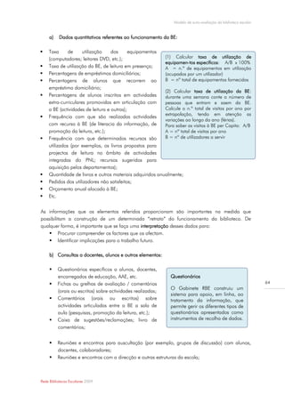 Modelo de auto-avaliação da biblioteca escolar


     a)   Dados quantitativos referentes ao funcionamento da BE:

   Taxa      de     utilização    dos      equipamentos
    (computadores; leitores DVD, etc.);                   (1) Calcular taxa de utilização de
                                                          equipamen-tos específicos: A/B x 100%
   Taxa de utilização da BE, de leitura em presença;     A = n.º de equipamentos em utilização
   Percentagens de empréstimos domiciliários;            (ocupados por um utilizador)
   Percentagens de alunos que recorrem ao                B = nº total de equipamentos fornecidos
    empréstimo domiciliário;
                                                          (2) Calcular taxa de utilização da BE:
   Percentagens de alunos inscritos em actividades       durante uma semana conte o número de
    extra-curriculares promovidas em articulação com      pessoas que entram e saem da BE.
    a BE (actividades de leitura e outras);               Calcule o n.º total de visitas por ano por
                                                          extrapolação, tendo em atenção as
   Frequência com que são realizadas actividades
                                                          variações ao longo do ano (férias).
    com recurso à BE (de literacia da informação, de      Para saber as visitas à BE per Capita: A/B
    promoção da leitura, etc.);                           A = nº total de visitas por ano
   Frequência com que determinados recursos são          B = nº de utilizadores a servir
    utilizados (por exemplos, os livros propostos para
    projectos de leitura no âmbito de actividades
    integradas do PNL; recursos sugeridos para
    aquisição pelos departamentos);
   Quantidade de livros e outros materiais adquiridos anualmente;
   Pedidos dos utilizadores não satisfeitos;
   Orçamento anual alocado à BE;
   Etc.


As informações que os elementos referidos proporcionam são importantes na medida que
possibilitam a construção de um determinado “retrato” do funcionamento da biblioteca. De
qualquer forma, é importante que se faça uma interpretação desses dados para:
     Procurar compreender os factores que os afectam.
     Identificar implicações para o trabalho futuro.

     b) Consultas a docentes, alunos e outros elementos:

         Questionários específicos a alunos, docentes,
          encarregados de educação, AAE, etc.                 Questionários
         Fichas ou grelhas de avaliação / comentários                                                          64
                                                              O Gabinete RBE construiu um
          (orais ou escritos) sobre actividades realizadas;
                                                              sistema para apoio, em linha, ao
         Comentários (orais ou escritos) sobre               tratamento da informação, que
          actividades articuladas entre a BE a sala de        permite gerir os diferentes tipos de
          aula (pesquisas, promoção da leitura, etc.);        questionários apresentados como
         Caixa de sugestões/reclamações; livro de            instrumentos de recolha de dados.
          comentários;


         Reuniões e encontros para auscultação (por exemplo, grupos de discussão) com alunos,
          docentes, colaboradores;
         Reuniões e encontros com a direcção e outras estruturas da escola;



Rede Bibliotecas Escolares 2009
 