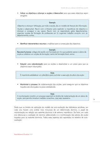 Modelo de auto-avaliação da biblioteca escolar


         Indicar os objectivos a alcançar e acções a desenvolver para que esses objectivos sejam
          atingidos.


                                                 Exemplo
   Objectivo a alcançar: Utilização, por toda a escola, de um modelo de literacia da informação.
    Acções a desenvolver: Reunir com o Director para explicitar a importância do objectivo a
    alcançar e conseguir o seu apoio; Reunir com os responsáveis pelos departamentos;
    organizar acções de formação de professores em LI; organizar trabalho conjunto com os
    departamentos; outras.



         Identificar intervenientes e recursos a mobilizar para a consecução dos objectivos.


                                            Exemplo
    Recursos humanos: colegas da escola com formação em LI e que poderão apoiar o plano de
    acção e colaborar em acções de formação; centro de formação local, outros.




         Estipular uma calendarização para as acções a desenvolver e um prazo para que os
          objectivos sejam alcançados.


                                                  Nota
          É importante estabelecer um calendário para controlar a execução do plano de acção.




         Monitorizar o processo de implementação das acções, para assegurar que os objectivos
          traçados são alcançados no prazo estabelecido.


                                                 Nota
    A monitorização constitui um processo essencial no âmbito de implementação de um plano de
    acção, pois permite introduzir medidas correctivas, caso seja necessário.
                                                                                                                   74




Dado que no âmbito da aplicação do modelo de auto-avaliação das bibliotecas escolares, em
cada ano haverá uma análise mais minuciosa de um determinado domínio, o papel da
monitorização em relação aos restantes domínios é de extrema importância. De facto, em cada
ano efectua-se a avaliação do domínio seleccionado e a monitorização dos planos de acção
traçados para os restantes domínios. Todos estes aspectos são reportados no relatório de auto-
avaliação.




Rede Bibliotecas Escolares 2009
 