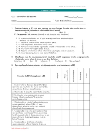 Modelo de auto-avaliação da biblioteca escolar


                                          B. Leitura e literacia


QD2 – Questionário aos docentes                                                      Data:_____/____/______

Escola: _______________________________________                Ciclo de Escolaridade: _____________



1.    Costuma integrar a BE e os seus recursos nas suas funções docentes relacionadas com o
      desenvolvimento de competências relacionadas com a leitura?
                   Sim                                              Não
     1.1. Se respondeu Sim, costuma: (Assinale as três situações mais frequentes.)

        1.1.1 Incentivar os alunos a ir à BE para ler e requisitar livros relacionados com
             temas da sua disciplina.
        1.1.2
        1.1.3 Fazer empréstimo domiciliário com a turma.
        1.1.4 Participar em actividades organizadas pela BE e relacionadas com a leitura.
        1.1.5 Requisitar materiais para a sala de aula.
        1.1.6 Recorrer a material de leitura (informativa e/ou ficção) para as suas aulas.


2.    Classifique o nível dos recursos documentais facultados pela BE ou postos a circular no agrupamento,
      relacionados com a leitura de temas na sua área disciplinar.
     Muito Bom             Bom            Suficiente          Insuficiente

3.    Com que frequência se envolve em actividades propostas ou articuladas com a BE?



                                                                                                    Ocasionalmente
                                                                                   frequentemente




                                                                                                                     Raramente
                                                                   Sempre




                                                                                                                                 Nunca
                                                                                        Muito




          Propostas da BE/Articulação com a BE




 1. Envolvimento na discussão das problemáticas
 referentes aos resultados dos alunos ao nível das
 competências de leitura e das literacias.
 2. Planificação de projectos e actividades conjuntas.
 3. Participação em projectos decorrentes do                                                                                             85
 Projecto Educativo de Escola/de projectos
 curriculares e outros.
 4. Colaboração na criação/exploração de novos
 ambientes digitais (blogs, Wikis, …) para
 desenvolver a leitura, a escrita e um conjunto
 diversificado de competências.
 5. Colaboração em eventos culturais (encontros
 com escritores, encontros científicos, exposições
 temáticas, celebração de datas), associando-os ao
 desenvolvimento de competências ao nível da
 leitura/literacias.
 6. Colaboração no âmbito de actividades
 relacionadas com o Plano Nacional de Leitura.

Rede Bibliotecas Escolares 2009
 