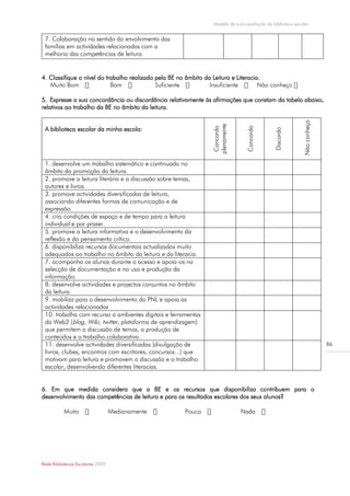 Modelo de auto-avaliação da biblioteca escolar


 7. Colaboração no sentido do envolvimento das
 famílias em actividades relacionadas com a
 melhoria das competências de leitura.


4. Classifique o nível do trabalho realizado pela BE no âmbito da Leitura e Literacia.
   Muito Bom                Bom              Suficiente          Insuficiente

5. Expresse a sua concordância ou discordância relativamente às afirmações que constam da tabela abaixo,
relativos ao trabalho da BE no âmbito da leitura.




                                                                                                              Não conheço
                                                                   plenamente
 A biblioteca escolar da minha escola:




                                                                                  Concordo
                                                                    Concordo




                                                                                                Discordo
 1. desenvolve um trabalho sistemático e continuado no
 âmbito da promoção da leitura.
 2. promove a leitura literária e a discussão sobre temas,
 autores e livros.
 3. promove actividades diversificadas de leitura,
 associando diferentes formas de comunicação e de
 expressão.
 4. cria condições de espaço e de tempo para a leitura
 individual e por prazer.
 5. promove a leitura informativa e o desenvolvimento da
 reflexão e do pensamento crítico.
 6. disponibiliza recursos documentais actualizados muito
 adequados ao trabalho no âmbito da leitura e da literacia.
 7. acompanha os alunos durante o acesso e apoia-os na
 selecção de documentação e no uso e produção da
 informação.
 8. desenvolve actividades e projectos conjuntos no âmbito
 da leitura.
 9. mobiliza para o desenvolvimento do PNL e apoia as
 actividades relacionadas
 10. trabalha com recurso a ambientes digitais e ferramentas
 da Web2 (blog, Wiki, twitter, plataforma de aprendizagem)
 que permitem a discussão de temas, a produção de
 conteúdos e o trabalho colaborativo.
 11. desenvolve actividades diversificadas (divulgação de                                                                   86
 livros, clubes, encontros com escritores, concursos...) que
 motivam para leitura e promovem a discussão e o trabalho
 escolar, desenvolvendo diferentes literacias.


6. Em que medida considera que a BE e os recursos que disponibiliza contribuem para o
desenvolvimento das competências de leitura e para os resultados escolares dos seus alunos?

          Muito                   Medianamente          Pouco                   Nada




Rede Bibliotecas Escolares 2009
 