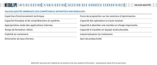 Expertise d’environnement technique.
Capacité d’analyse et de compréhension du système.
Appropriation aisée des applications internes.
Temps de formation réduit.
Fiabilité du traitement.
Diminution du taux d’erreur.
Force de proposition sur les solutions d’optimisation.
Capacité des opérateurs à s’auto-évaluer.
Capacité à absorber une montée en charge importante.
Capacité à travailler en équipe multiculturelle.
Industrialisation du traitement.
Gain de productivité.
VALEUR AJOUTÉE immédiate des compétences apportées par MODULOPI :
Valeur Ajoutée
MODULOPI, partenaire de l’intégrité de vos données et de votre système d’information – spécialisation réseau ferré et patrimoine
 