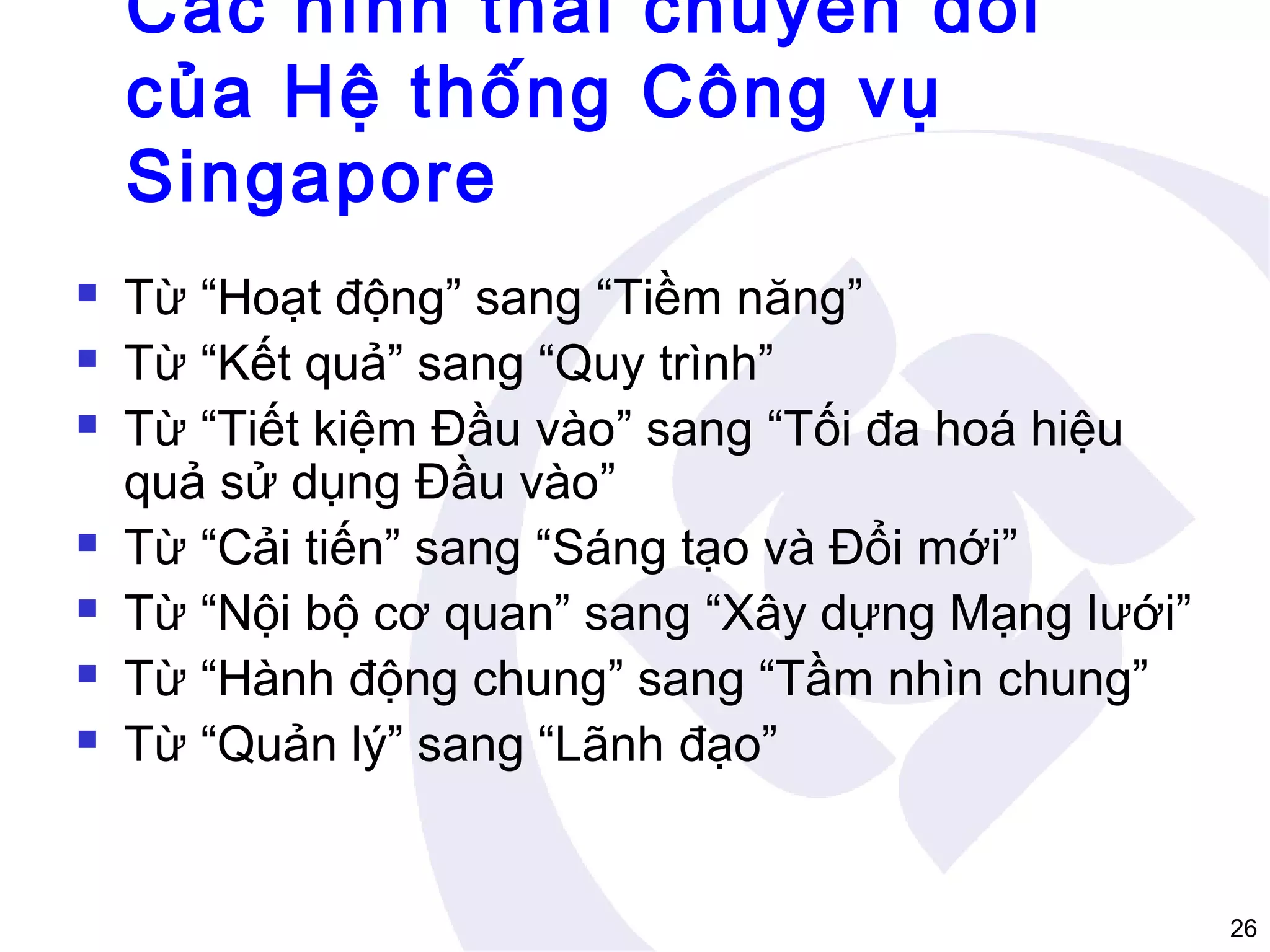 Các hình thái chuyển đổi
của Hệ thống Công vụ
Singapore









Từ “Hoạt động” sang “Tiềm năng”
Từ “Kết quả” sang “Quy trình”
Từ “Tiết kiệm Đầu vào” sang “Tối đa hoá hiệu
quả sử dụng Đầu vào”
Từ “Cải tiến” sang “Sáng tạo và Đổi mới”
Từ “Nội bộ cơ quan” sang “Xây dựng Mạng lưới”
Từ “Hành động chung” sang “Tầm nhìn chung”
Từ “Quản lý” sang “Lãnh đạo”

26

 