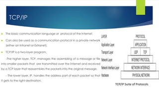 TCP/IP
 The basic communication language or protocol of the Internet.
 Can also be used as a communication protocol in a private network
(either an Intranet or Extranet).
 TCP/IP is a two-layer program,
-The higher layer, TCP, manages the assembling of a message or file
into smaller packets that are transmitted over the Internet and received
by a TCP layer that reassembles the packets into the original message.
- The lower layer, IP, handles the address part of each packet so that
it gets to the right destination.
TCP/IP Suite of Protocols
 