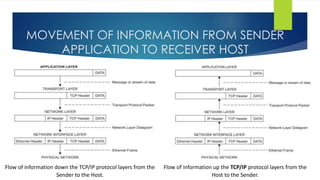 MOVEMENT OF INFORMATION FROM SENDER
APPLICATION TO RECEIVER HOST
Flow of information up the TCP/IP protocol layers from the
Host to the Sender.
Flow of information down the TCP/IP protocol layers from the
Sender to the Host.
 