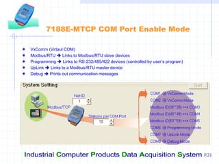 Industrial Computer Products Data Acquisition System P.21
7188E-MTCP COM Port Enable Mode
VxComm (Virtaul COM)
Modbus/RTU  Links to Modbus/RTU slave devices
Programming  Links to RS-232/485/422 devices (controlled by user’s program)
UpLink  Links to a Modbus/RTU master device
Debug  Prints out communication messages
 