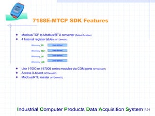 Industrial Computer Products Data Acquisition System P.24
7188E-MTCP SDK Features
Modbus/TCP to Modbus/RTU converter (Default function)
4 Internal register tables (MTDemo00)
iMemory_DI
iMemory_DO
iMemory_AI
iMemory_AO
Link I-7000 or I-87000 series modules via COM ports (MTDemo01)
Access X-board (MTDemo02)
Modbus/RTU master (MTDemo03)
User-defined
User-defined
User-defined
User-defined
 