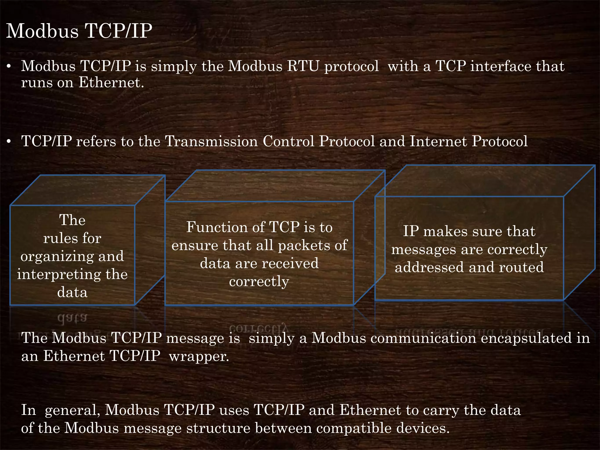 • Modbus TCP/IP is simply the Modbus RTU protocol with a TCP interface that
runs on Ethernet.
• TCP/IP refers to the Transmission Control Protocol and Internet Protocol
Modbus TCP/IP
Function of TCP is to
ensure that all packets of
data are received
correctly
IP makes sure that
messages are correctly
addressed and routed
The
rules for
organizing and
interpreting the
data
The Modbus TCP/IP message is simply a Modbus communication encapsulated in
an Ethernet TCP/IP wrapper.
In general, Modbus TCP/IP uses TCP/IP and Ethernet to carry the data
of the Modbus message structure between compatible devices.
 