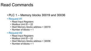 Read Commands
• PLC 1 – Memory blocks 30019 and 30036
• Request #1
• Read Input Registers
• Modbus Unit ID = 22
• Start Memory blocks address = 30019
• Number of blocks = 1
• Request #2
• Read Input Registers
• Modbus Unit ID = 22
• Start Memory blocks address = 30036
• Number of blocks = 1
 