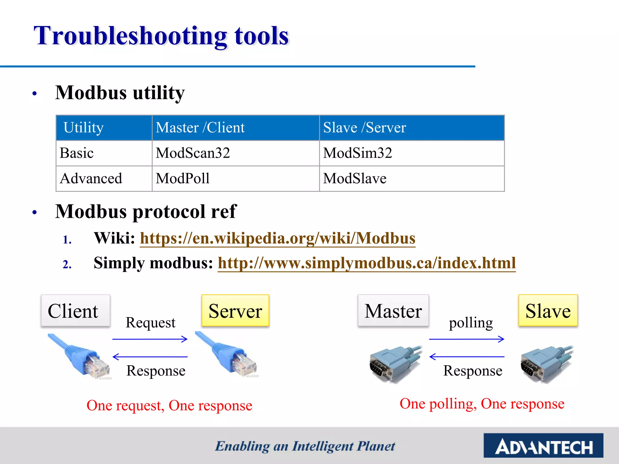 Troubleshooting tools
• Modbus utility
• Modbus protocol ref
1. Wiki: https://en.wikipedia.org/wiki/Modbus
2. Simply modbus: http://www.simplymodbus.ca/index.html
Utility Master /Client Slave /Server
Basic ModScan32 ModSim32
Advanced ModPoll ModSlave
Master Slavepolling
Response
One polling, One response
Client ServerRequest
Response
One request, One response
 
