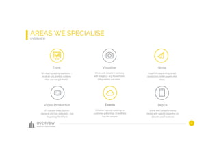 OVERVIEW
MADE BY: MODCOMMS
Think
We start by asking questions –
what do you want to achieve,
how can we get there?
Visualise
We’re well versed in working
with imagery – e.g PowerPoint,
Infographics and more.
Write
Expert in copywriting, script
production, white papers and
more.
Video Production
It’s not just video, but on-
demand and live webcasts – not
forgetting PitchPack!
Events
Whether internal meetings or
customer gatherings, EventExtra
has the answer
Digital
We’re well versed in social
media with speciﬁc expertise on
LinkedIn and Facebook.
AREAS WE SPECIALISE
OVERVIEW
8
 