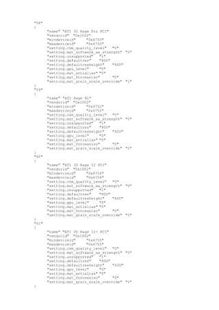 "58"
{
"name" "ATI 3D Rage Pro PCI"
"vendorid" "0x1002"
"mindeviceid" "0x4750"
"maxdeviceid" "0x4750"
"setting.csm_quality_level" "0"
"setting.mat_software_aa_strength" "0"
"setting.unsupported" "1"
"setting.defaultres" "800"
"setting.defaultresheight" "600"
"setting.gpu_level" "0"
"setting.mat_antialias" "0"
"setting.mat_forceaniso" "0"
"setting.mat_grain_scale_override" "1"
}
"59"
{
"name" "ATI Rage XL"
"vendorid" "0x1002"
"mindeviceid" "0x4752"
"maxdeviceid" "0x4752"
"setting.csm_quality_level" "0"
"setting.mat_software_aa_strength" "0"
"setting.unsupported" "1"
"setting.defaultres" "800"
"setting.defaultresheight" "600"
"setting.gpu_level" "0"
"setting.mat_antialias" "0"
"setting.mat_forceaniso" "0"
"setting.mat_grain_scale_override" "1"
}
"60"
{
"name" "ATI 3D Rage II PCI"
"vendorid" "0x1002"
"mindeviceid" "0x4754"
"maxdeviceid" "0x4754"
"setting.csm_quality_level" "0"
"setting.mat_software_aa_strength" "0"
"setting.unsupported" "1"
"setting.defaultres" "800"
"setting.defaultresheight" "600"
"setting.gpu_level" "0"
"setting.mat_antialias" "0"
"setting.mat_forceaniso" "0"
"setting.mat_grain_scale_override" "1"
}
"61"
{
"name" "ATI 3D Rage II+ PCI"
"vendorid" "0x1002"
"mindeviceid" "0x4755"
"maxdeviceid" "0x4755"
"setting.csm_quality_level" "0"
"setting.mat_software_aa_strength" "0"
"setting.unsupported" "1"
"setting.defaultres" "800"
"setting.defaultresheight" "600"
"setting.gpu_level" "0"
"setting.mat_antialias" "0"
"setting.mat_forceaniso" "0"
"setting.mat_grain_scale_override" "1"
}
 
