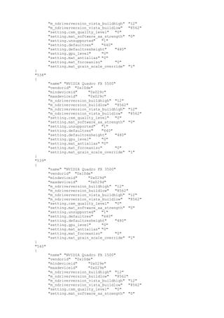 "m_ndriverversion_vista_buildhigh" "12"
"m_ndriverversion_vista_buildlow" "8562"
"setting.csm_quality_level" "0"
"setting.mat_software_aa_strength" "0"
"setting.unsupported" "1"
"setting.defaultres" "640"
"setting.defaultresheight" "480"
"setting.gpu_level" "0"
"setting.mat_antialias" "0"
"setting.mat_forceaniso" "0"
"setting.mat_grain_scale_override" "1"
}
"538"
{
"name" "NVIDIA Quadro FX 5500"
"vendorid" "0x10de"
"mindeviceid" "0x029c"
"maxdeviceid" "0x029c"
"m_ndriverversion_buildhigh" "12"
"m_ndriverversion_buildlow" "8562"
"m_ndriverversion_vista_buildhigh" "12"
"m_ndriverversion_vista_buildlow" "8562"
"setting.csm_quality_level" "0"
"setting.mat_software_aa_strength" "0"
"setting.unsupported" "1"
"setting.defaultres" "640"
"setting.defaultresheight" "480"
"setting.gpu_level" "0"
"setting.mat_antialias" "0"
"setting.mat_forceaniso" "0"
"setting.mat_grain_scale_override" "1"
}
"539"
{
"name" "NVIDIA Quadro FX 3500"
"vendorid" "0x10de"
"mindeviceid" "0x029d"
"maxdeviceid" "0x029d"
"m_ndriverversion_buildhigh" "12"
"m_ndriverversion_buildlow" "8562"
"m_ndriverversion_vista_buildhigh" "12"
"m_ndriverversion_vista_buildlow" "8562"
"setting.csm_quality_level" "0"
"setting.mat_software_aa_strength" "0"
"setting.unsupported" "1"
"setting.defaultres" "640"
"setting.defaultresheight" "480"
"setting.gpu_level" "0"
"setting.mat_antialias" "0"
"setting.mat_forceaniso" "0"
"setting.mat_grain_scale_override" "1"
}
"540"
{
"name" "NVIDIA Quadro FX 1500"
"vendorid" "0x10de"
"mindeviceid" "0x029e"
"maxdeviceid" "0x029e"
"m_ndriverversion_buildhigh" "12"
"m_ndriverversion_buildlow" "8562"
"m_ndriverversion_vista_buildhigh" "12"
"m_ndriverversion_vista_buildlow" "8562"
"setting.csm_quality_level" "0"
"setting.mat_software_aa_strength" "0"
 