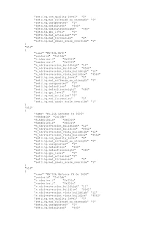 "setting.csm_quality_level" "0"
"setting.mat_software_aa_strength" "0"
"setting.unsupported" "1"
"setting.defaultres" "640"
"setting.defaultresheight" "480"
"setting.gpu_level" "0"
"setting.mat_antialias" "0"
"setting.mat_forceaniso" "0"
"setting.mat_grain_scale_override" "1"
}
"551"
{
"name" "NVIDIA NV31"
"vendorid" "0x10de"
"mindeviceid" "0x0313"
"maxdeviceid" "0x0313"
"m_ndriverversion_buildhigh" "12"
"m_ndriverversion_buildlow" "8562"
"m_ndriverversion_vista_buildhigh" "12"
"m_ndriverversion_vista_buildlow" "8562"
"setting.csm_quality_level" "0"
"setting.mat_software_aa_strength" "0"
"setting.unsupported" "1"
"setting.defaultres" "640"
"setting.defaultresheight" "480"
"setting.gpu_level" "0"
"setting.mat_antialias" "0"
"setting.mat_forceaniso" "0"
"setting.mat_grain_scale_override" "1"
}
"552"
{
"name" "NVIDIA GeForce FX 5600"
"vendorid" "0x10de"
"mindeviceid" "0x0314"
"maxdeviceid" "0x0314"
"m_ndriverversion_buildhigh" "12"
"m_ndriverversion_buildlow" "8562"
"m_ndriverversion_vista_buildhigh" "12"
"m_ndriverversion_vista_buildlow" "8562"
"setting.csm_quality_level" "0"
"setting.mat_software_aa_strength" "0"
"setting.unsupported" "1"
"setting.defaultres" "640"
"setting.defaultresheight" "480"
"setting.gpu_level" "0"
"setting.mat_antialias" "0"
"setting.mat_forceaniso" "0"
"setting.mat_grain_scale_override" "1"
}
"553"
{
"name" "NVIDIA GeForce FX Go 5600"
"vendorid" "0x10de"
"mindeviceid" "0x031a"
"maxdeviceid" "0x031a"
"m_ndriverversion_buildhigh" "12"
"m_ndriverversion_buildlow" "8562"
"m_ndriverversion_vista_buildhigh" "12"
"m_ndriverversion_vista_buildlow" "8562"
"setting.csm_quality_level" "0"
"setting.mat_software_aa_strength" "0"
"setting.unsupported" "1"
"setting.defaultres" "640"
 