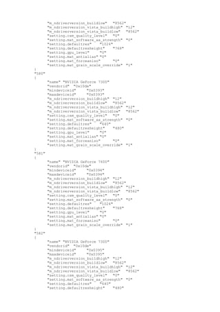 "m_ndriverversion_buildlow" "8562"
"m_ndriverversion_vista_buildhigh" "12"
"m_ndriverversion_vista_buildlow" "8562"
"setting.csm_quality_level" "0"
"setting.mat_software_aa_strength" "0"
"setting.defaultres" "1024"
"setting.defaultresheight" "768"
"setting.gpu_level" "0"
"setting.mat_antialias" "0"
"setting.mat_forceaniso" "0"
"setting.mat_grain_scale_override" "1"
}
"580"
{
"name" "NVIDIA GeForce 7300"
"vendorid" "0x10de"
"mindeviceid" "0x0393"
"maxdeviceid" "0x0393"
"m_ndriverversion_buildhigh" "12"
"m_ndriverversion_buildlow" "8562"
"m_ndriverversion_vista_buildhigh" "12"
"m_ndriverversion_vista_buildlow" "8562"
"setting.csm_quality_level" "0"
"setting.mat_software_aa_strength" "0"
"setting.defaultres" "640"
"setting.defaultresheight" "480"
"setting.gpu_level" "0"
"setting.mat_antialias" "0"
"setting.mat_forceaniso" "0"
"setting.mat_grain_scale_override" "1"
}
"581"
{
"name" "NVIDIA GeForce 7600"
"vendorid" "0x10de"
"mindeviceid" "0x0394"
"maxdeviceid" "0x0394"
"m_ndriverversion_buildhigh" "12"
"m_ndriverversion_buildlow" "8562"
"m_ndriverversion_vista_buildhigh" "12"
"m_ndriverversion_vista_buildlow" "8562"
"setting.csm_quality_level" "0"
"setting.mat_software_aa_strength" "0"
"setting.defaultres" "1024"
"setting.defaultresheight" "768"
"setting.gpu_level" "0"
"setting.mat_antialias" "0"
"setting.mat_forceaniso" "0"
"setting.mat_grain_scale_override" "1"
}
"582"
{
"name" "NVIDIA GeForce 7300"
"vendorid" "0x10de"
"mindeviceid" "0x0395"
"maxdeviceid" "0x0395"
"m_ndriverversion_buildhigh" "12"
"m_ndriverversion_buildlow" "8562"
"m_ndriverversion_vista_buildhigh" "12"
"m_ndriverversion_vista_buildlow" "8562"
"setting.csm_quality_level" "0"
"setting.mat_software_aa_strength" "0"
"setting.defaultres" "640"
"setting.defaultresheight" "480"
 