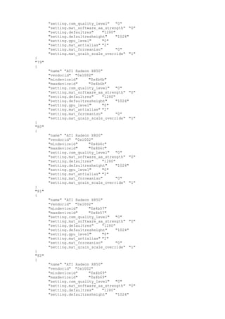 "setting.csm_quality_level" "0"
"setting.mat_software_aa_strength" "0"
"setting.defaultres" "1280"
"setting.defaultresheight" "1024"
"setting.gpu_level" "0"
"setting.mat_antialias" "2"
"setting.mat_forceaniso" "0"
"setting.mat_grain_scale_override" "1"
}
"79"
{
"name" "ATI Radeon X850"
"vendorid" "0x1002"
"mindeviceid" "0x4b4b"
"maxdeviceid" "0x4b4b"
"setting.csm_quality_level" "0"
"setting.mat_software_aa_strength" "0"
"setting.defaultres" "1280"
"setting.defaultresheight" "1024"
"setting.gpu_level" "0"
"setting.mat_antialias" "2"
"setting.mat_forceaniso" "0"
"setting.mat_grain_scale_override" "1"
}
"80"
{
"name" "ATI Radeon X800"
"vendorid" "0x1002"
"mindeviceid" "0x4b4c"
"maxdeviceid" "0x4b4c"
"setting.csm_quality_level" "0"
"setting.mat_software_aa_strength" "0"
"setting.defaultres" "1280"
"setting.defaultresheight" "1024"
"setting.gpu_level" "0"
"setting.mat_antialias" "2"
"setting.mat_forceaniso" "0"
"setting.mat_grain_scale_override" "1"
}
"81"
{
"name" "ATI Radeon X850"
"vendorid" "0x1002"
"mindeviceid" "0x4b57"
"maxdeviceid" "0x4b57"
"setting.csm_quality_level" "0"
"setting.mat_software_aa_strength" "0"
"setting.defaultres" "1280"
"setting.defaultresheight" "1024"
"setting.gpu_level" "0"
"setting.mat_antialias" "2"
"setting.mat_forceaniso" "0"
"setting.mat_grain_scale_override" "1"
}
"82"
{
"name" "ATI Radeon X850"
"vendorid" "0x1002"
"mindeviceid" "0x4b69"
"maxdeviceid" "0x4b69"
"setting.csm_quality_level" "0"
"setting.mat_software_aa_strength" "0"
"setting.defaultres" "1280"
"setting.defaultresheight" "1024"
 