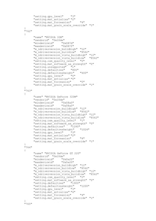 "setting.gpu_level" "3"
"setting.mat_antialias" "2"
"setting.mat_forceaniso" "4"
"setting.mat_grain_scale_override" "1"
}
"762"
{
"name" "NVIDIA ION"
"vendorid" "0x10de"
"mindeviceid" "0x087d"
"maxdeviceid" "0x087f"
"m_ndriverversion_buildhigh" "12"
"m_ndriverversion_buildlow" "8562"
"m_ndriverversion_vista_buildhigh" "12"
"m_ndriverversion_vista_buildlow" "8562"
"setting.csm_quality_level" "0"
"setting.mat_software_aa_strength" "0"
"setting.unsupported" "1"
"setting.defaultres" "800"
"setting.defaultresheight" "600"
"setting.gpu_level" "0"
"setting.mat_antialias" "0"
"setting.mat_forceaniso" "0"
"setting.mat_grain_scale_override" "1"
}
"763"
{
"name" "NVIDIA GeForce 320M"
"vendorid" "0x10de"
"mindeviceid" "0x08a0"
"maxdeviceid" "0x08a0"
"m_ndriverversion_buildhigh" "12"
"m_ndriverversion_buildlow" "8562"
"m_ndriverversion_vista_buildhigh" "12"
"m_ndriverversion_vista_buildlow" "8562"
"setting.csm_quality_level" "1"
"setting.mat_software_aa_strength" "0"
"setting.defaultres" "1280"
"setting.defaultresheight" "1024"
"setting.gpu_level" "3"
"setting.mat_antialias" "2"
"setting.mat_forceaniso" "4"
"setting.mat_grain_scale_override" "1"
}
"764"
{
"name" "NVIDIA GeForce GT 220"
"vendorid" "0x10de"
"mindeviceid" "0x0a20"
"maxdeviceid" "0x0a20"
"m_ndriverversion_buildhigh" "12"
"m_ndriverversion_buildlow" "8562"
"m_ndriverversion_vista_buildhigh" "12"
"m_ndriverversion_vista_buildlow" "8562"
"setting.csm_quality_level" "2"
"setting.mat_software_aa_strength" "0"
"setting.defaultres" "1900"
"setting.defaultresheight" "1200"
"setting.gpu_level" "3"
"setting.mat_antialias" "4"
"setting.mat_forceaniso" "4"
"setting.mat_grain_scale_override" "1"
}
"765"
 