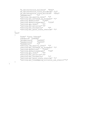 "m_ndriverversion_buildlow" "8562"
"m_ndriverversion_vista_buildhigh" "12"
"m_ndriverversion_vista_buildlow" "8562"
"makemelast" "1"
"setting.csm_quality_level" "3"
"setting.mat_software_aa_strength" "1"
"setting.defaultres" "1280"
"setting.defaultresheight" "1024"
"setting.gpu_level" "2"
"setting.mat_antialias" "0"
"setting.mat_forceaniso" "0"
"setting.mat_grain_scale_override" "1"
}
"833"
{
"name" "Intel Unknown"
"vendorid" "0x8086"
"mindeviceid" "0x0000"
"maxdeviceid" "0xffff"
"makemelast" "1"
"setting.csm_quality_level" "3"
"setting.mat_software_aa_strength" "1"
"setting.defaultres" "1024"
"setting.defaultresheight" "768"
"setting.gpu_level" "0"
"setting.mat_antialias" "0"
"setting.mat_forceaniso" "1"
"setting.mat_grain_scale_override" "1"
"setting.mat_tonemapping_occlusion_use_stencil" "1"
}
}
 