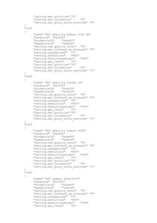 "setting.mat_antialias" "0"
"setting.mat_forceaniso" "0"
"setting.mat_grain_scale_override" "1"
}
"103"
{
"name" "ATI Mobility Radeon 9700 SE"
"vendorid" "0x1002"
"mindeviceid" "0x4e52"
"maxdeviceid" "0x4e52"
"setting.csm_quality_level" "0"
"setting.mat_software_aa_strength" "0"
"setting.unsupported" "1"
"setting.defaultres" "800"
"setting.defaultresheight" "600"
"setting.gpu_level" "0"
"setting.mat_antialias" "0"
"setting.mat_forceaniso" "0"
"setting.mat_grain_scale_override" "1"
}
"104"
{
"name" "ATI Mobility FireGL T2"
"vendorid" "0x1002"
"mindeviceid" "0x4e54"
"maxdeviceid" "0x4e54"
"setting.csm_quality_level" "0"
"setting.mat_software_aa_strength" "0"
"setting.unsupported" "1"
"setting.defaultres" "800"
"setting.defaultresheight" "600"
"setting.gpu_level" "0"
"setting.mat_antialias" "0"
"setting.mat_forceaniso" "0"
"setting.mat_grain_scale_override" "1"
}
"105"
{
"name" "ATI Mobility Radeon 9550"
"vendorid" "0x1002"
"mindeviceid" "0x4e56"
"maxdeviceid" "0x4e56"
"setting.csm_quality_level" "0"
"setting.mat_software_aa_strength" "0"
"setting.unsupported" "1"
"setting.defaultres" "800"
"setting.defaultresheight" "600"
"setting.gpu_level" "0"
"setting.mat_antialias" "0"
"setting.mat_forceaniso" "0"
"setting.mat_grain_scale_override" "1"
}
"106"
{
"name" "ATI Radeon 9500/9700"
"vendorid" "0x1002"
"mindeviceid" "0x4e64"
"maxdeviceid" "0x4e66"
"setting.csm_quality_level" "0"
"setting.mat_software_aa_strength" "0"
"setting.unsupported" "1"
"setting.defaultres" "800"
"setting.defaultresheight" "600"
"setting.gpu_level" "0"
 