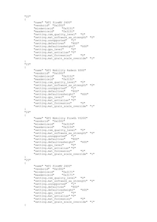 "22"
{
"name" "ATI FireMV 2400"
"vendorid" "0x1002"
"mindeviceid" "0x3151"
"maxdeviceid" "0x3151"
"setting.csm_quality_level" "0"
"setting.mat_software_aa_strength" "0"
"setting.unsupported" "1"
"setting.defaultres" "800"
"setting.defaultresheight" "600"
"setting.gpu_level" "0"
"setting.mat_antialias" "0"
"setting.mat_forceaniso" "0"
"setting.mat_grain_scale_override" "1"
}
"23"
{
"name" "ATI Mobility Radeon X300"
"vendorid" "0x1002"
"mindeviceid" "0x3152"
"maxdeviceid" "0x3152"
"setting.csm_quality_level" "0"
"setting.mat_software_aa_strength" "0"
"setting.unsupported" "1"
"setting.defaultres" "800"
"setting.defaultresheight" "600"
"setting.gpu_level" "0"
"setting.mat_antialias" "0"
"setting.mat_forceaniso" "0"
"setting.mat_grain_scale_override" "1"
}
"24"
{
"name" "ATI Mobility FireGL V3200"
"vendorid" "0x1002"
"mindeviceid" "0x3154"
"maxdeviceid" "0x3154"
"setting.csm_quality_level" "0"
"setting.mat_software_aa_strength" "0"
"setting.unsupported" "1"
"setting.defaultres" "800"
"setting.defaultresheight" "600"
"setting.gpu_level" "0"
"setting.mat_antialias" "0"
"setting.mat_forceaniso" "0"
"setting.mat_grain_scale_override" "1"
}
"25"
{
"name" "ATI FireMV 2400"
"vendorid" "0x1002"
"mindeviceid" "0x3171"
"maxdeviceid" "0x3171"
"setting.csm_quality_level" "0"
"setting.mat_software_aa_strength" "0"
"setting.unsupported" "1"
"setting.defaultres" "800"
"setting.defaultresheight" "600"
"setting.gpu_level" "0"
"setting.mat_antialias" "0"
"setting.mat_forceaniso" "0"
"setting.mat_grain_scale_override" "1"
}
 