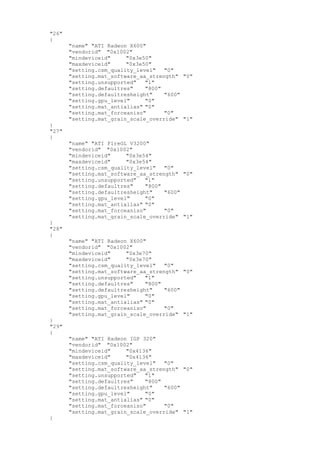 "26"
{
"name" "ATI Radeon X600"
"vendorid" "0x1002"
"mindeviceid" "0x3e50"
"maxdeviceid" "0x3e50"
"setting.csm_quality_level" "0"
"setting.mat_software_aa_strength" "0"
"setting.unsupported" "1"
"setting.defaultres" "800"
"setting.defaultresheight" "600"
"setting.gpu_level" "0"
"setting.mat_antialias" "0"
"setting.mat_forceaniso" "0"
"setting.mat_grain_scale_override" "1"
}
"27"
{
"name" "ATI FireGL V3200"
"vendorid" "0x1002"
"mindeviceid" "0x3e54"
"maxdeviceid" "0x3e54"
"setting.csm_quality_level" "0"
"setting.mat_software_aa_strength" "0"
"setting.unsupported" "1"
"setting.defaultres" "800"
"setting.defaultresheight" "600"
"setting.gpu_level" "0"
"setting.mat_antialias" "0"
"setting.mat_forceaniso" "0"
"setting.mat_grain_scale_override" "1"
}
"28"
{
"name" "ATI Radeon X600"
"vendorid" "0x1002"
"mindeviceid" "0x3e70"
"maxdeviceid" "0x3e70"
"setting.csm_quality_level" "0"
"setting.mat_software_aa_strength" "0"
"setting.unsupported" "1"
"setting.defaultres" "800"
"setting.defaultresheight" "600"
"setting.gpu_level" "0"
"setting.mat_antialias" "0"
"setting.mat_forceaniso" "0"
"setting.mat_grain_scale_override" "1"
}
"29"
{
"name" "ATI Radeon IGP 320"
"vendorid" "0x1002"
"mindeviceid" "0x4136"
"maxdeviceid" "0x4136"
"setting.csm_quality_level" "0"
"setting.mat_software_aa_strength" "0"
"setting.unsupported" "1"
"setting.defaultres" "800"
"setting.defaultresheight" "600"
"setting.gpu_level" "0"
"setting.mat_antialias" "0"
"setting.mat_forceaniso" "0"
"setting.mat_grain_scale_override" "1"
}
 
